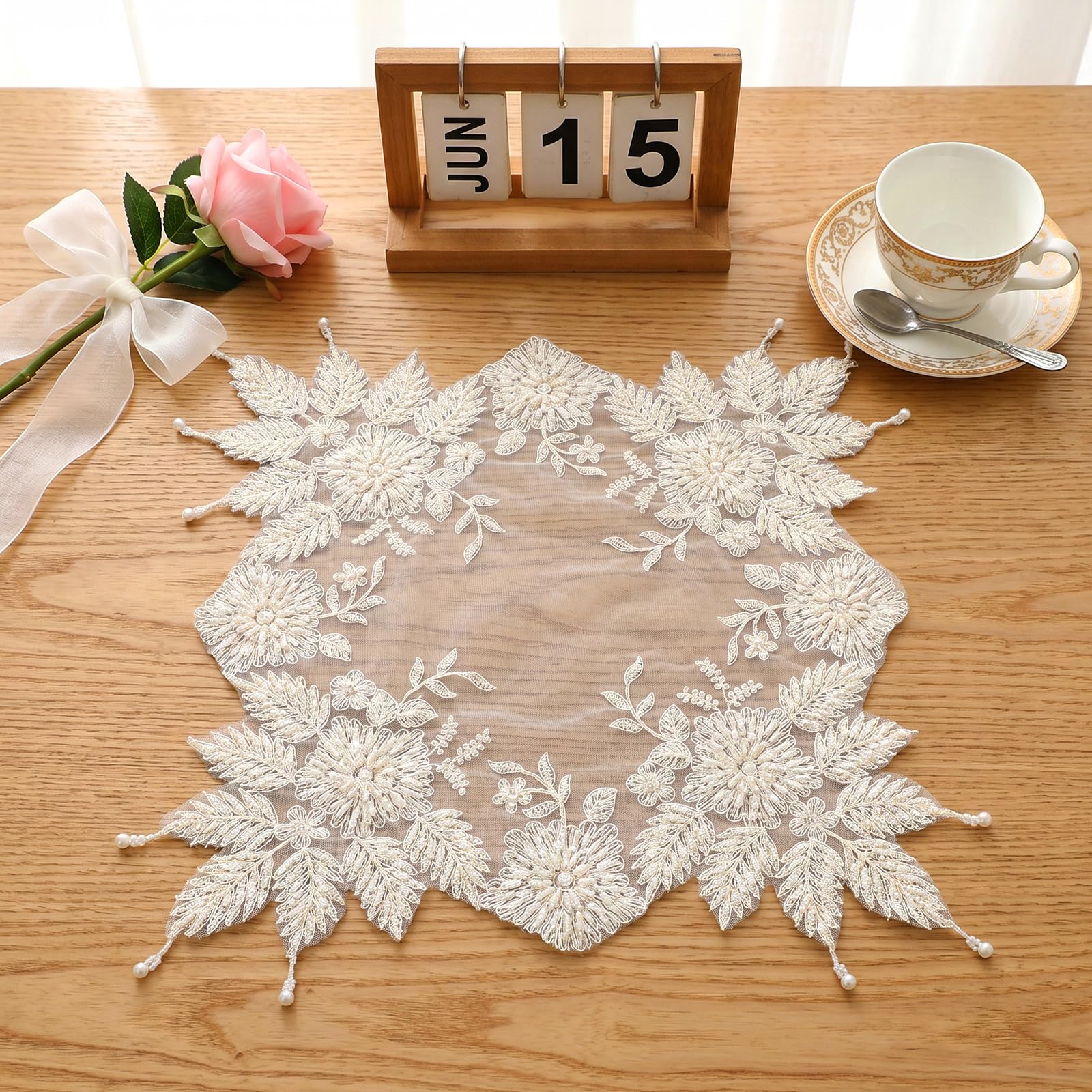 RAHHLIZS 1PCS 40cm Lace Doilies for Tables Doilies for End Tables Mat for Coffee Table Doilies for Furniture, Handmade Embroidered Beaded Crochet Lace Placemats for Home Wedding Decor (Beige)