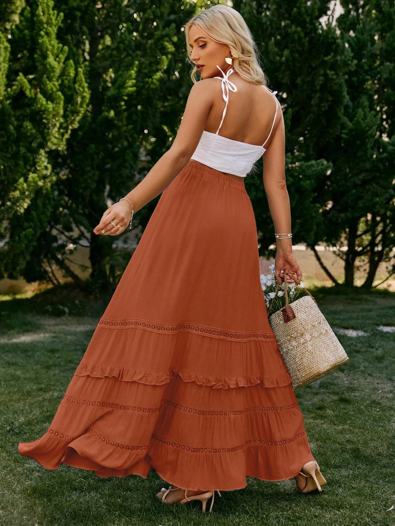 Faldas largas de mujer Solid Color Ruffle Trim Tie Waist Long Skirt Ruffle Hem falda del club