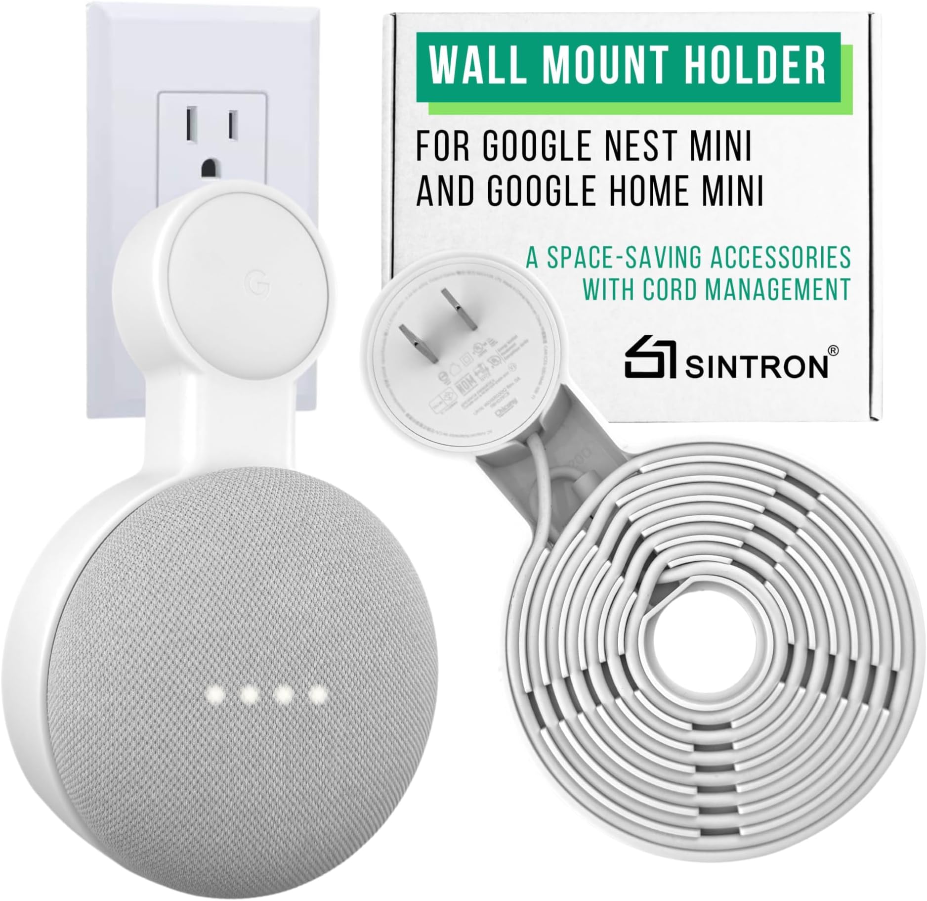 Outlet Wall Mount Holder for Google Nest Mini and Google Home Mini, A Space-Saving Accessories with Cord Management for Google Smart Speakers 1st Gen. and 2nd Gen., No Messy Wires or Screws.