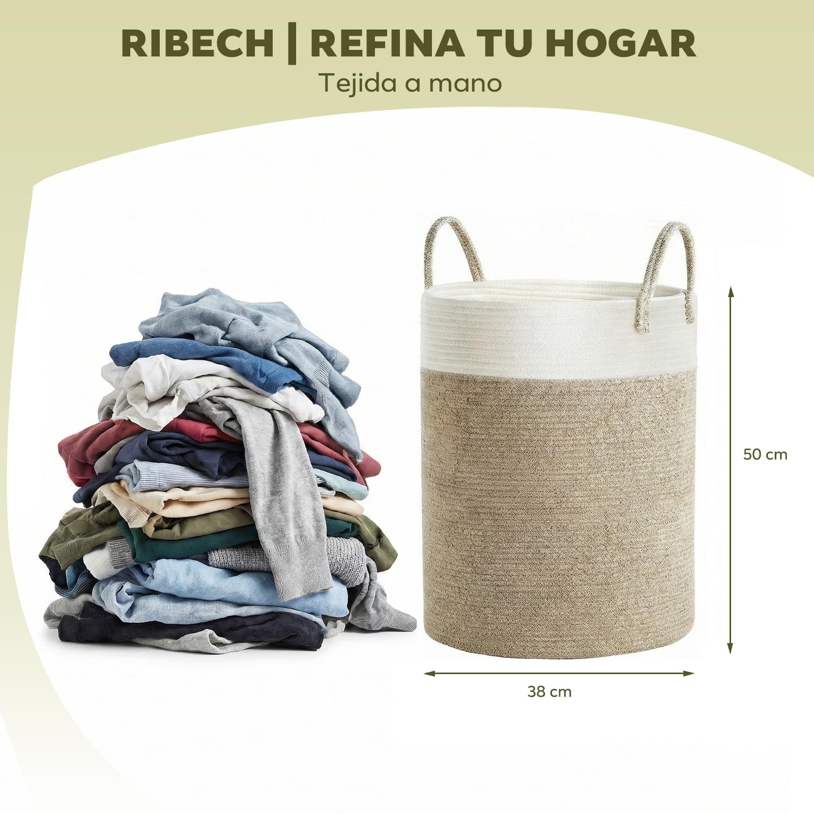 Cesta para Ropa en Cuerda Trenzada, 58L Gran Cesta de Almacenamiento – Dos Tostados Marrón & Blanco, con Asas para Dormitorio, Salón & Cuarto Infantil (38x38x50 cm)