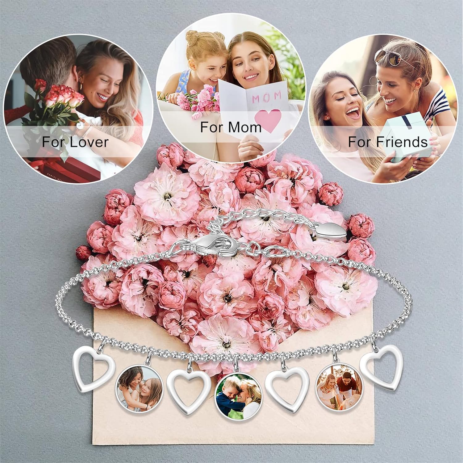 Personalized Photo Bracelet for Women Custom Picture Bracelet Engraved Heart Bracelet Fashion Jewelry Gifts for Sisters BFF Friends Family