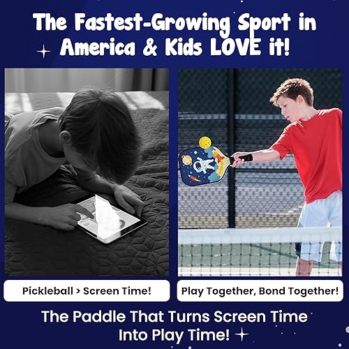 Miniatura 6 de Paleta de pickleball para niños diseñada para edades de 3 a 12 años, fibra de vidrio ligera (0.37 libras), agarre pequeño para un fácil control,