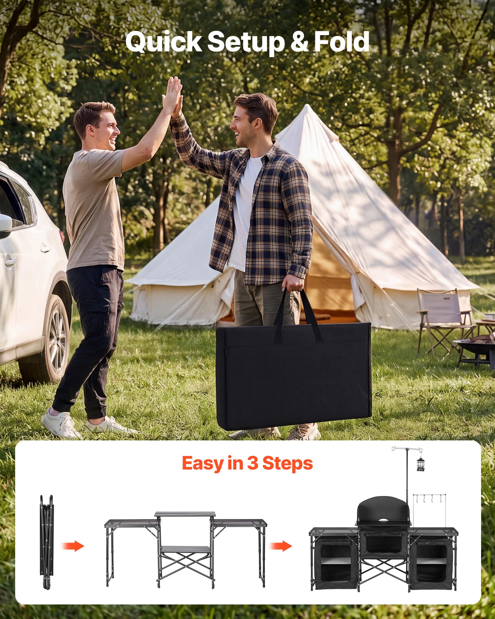 VEVOR Mobiletto Cucina Portatile Pieghevole da Campeggio, Mobiletto da Campeggio 2 Tavolini Laterali Rete Metallica Paravento Rimovibile per Fornello 3 Scomparti Portaoggetti, Stazione Cucina BBQ
