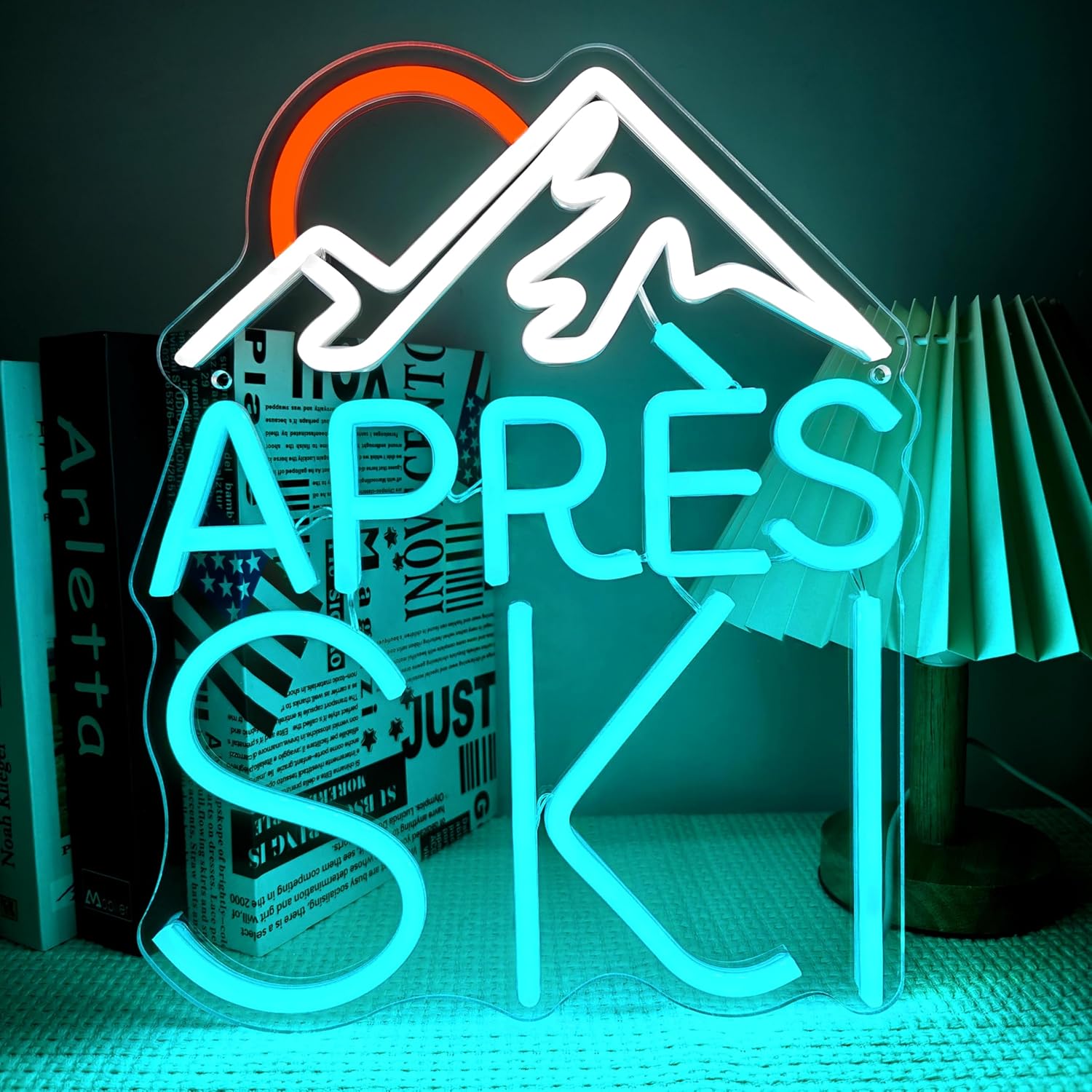 Apres Ski Neon Sign Mountain & Sun Design Blue & Orange LED Light USB Powered Dimmable Wall Decor 10.86x13.38 Inch Ski Lodge Decor Winter Sports Gift for Skier