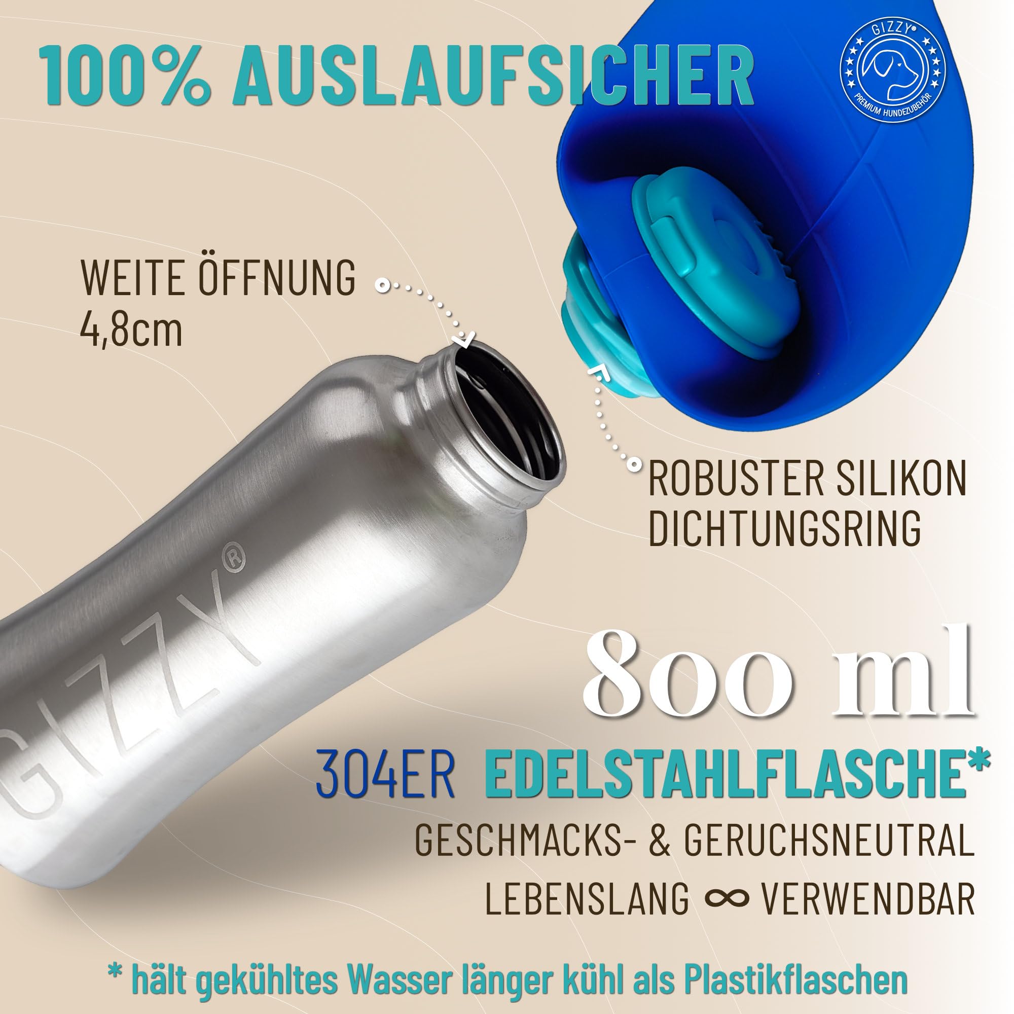 GIZZY® Gourde pour chien pour les déplacements, anti-fuite et robuste, en acier inoxydable, disponible en 2 tailles, avec serviette douce pour chien, gourde pour chien pour les déplacements pour tous