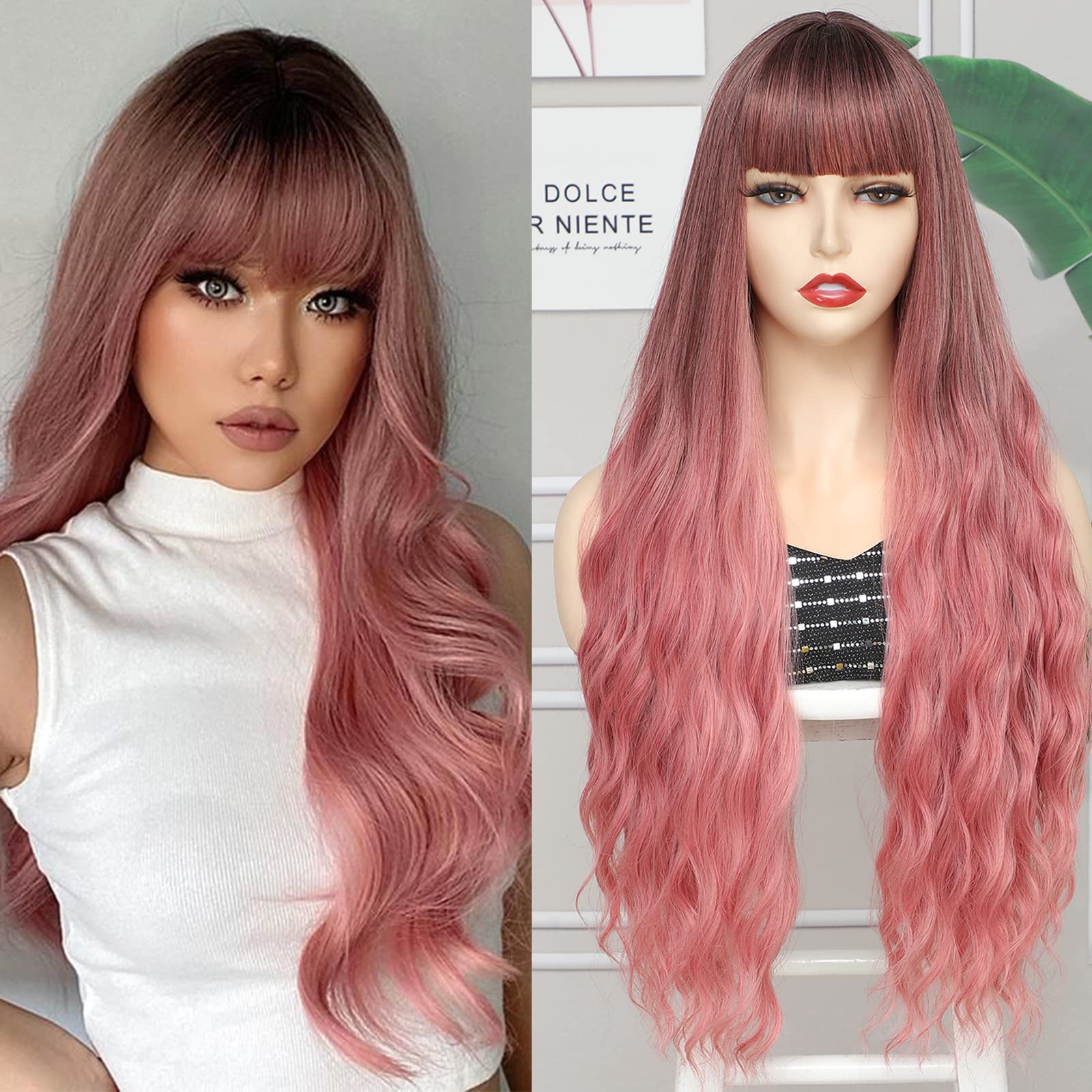HUA MIAN LI Long Wavy Wig with Bangs Synthetic Wig for Women - Ombre Pink Cheap Wigs Natural Looking 26 inch Hair Replacement Cosplay Wig for Party Body Wave Heat Resistant Wig (Ombre Black to Pink)