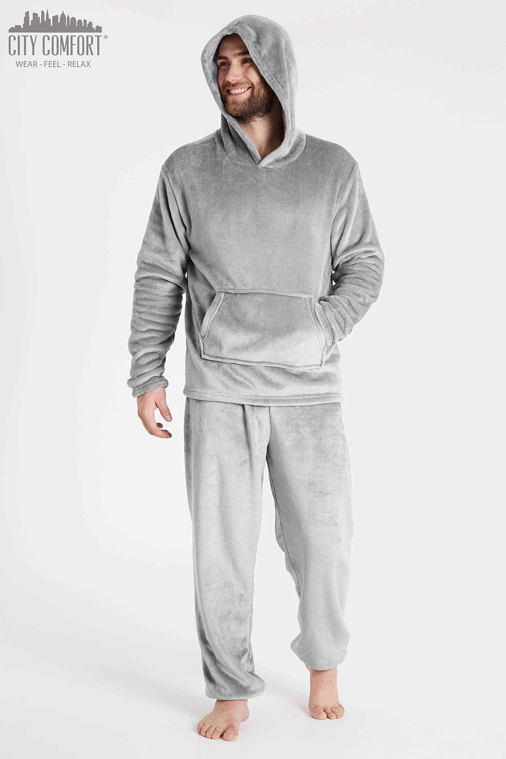 CityComfort Pyjama Homme, Ensemble De Pyjamas en Polaire Douce avec Pantalon Taille Élastique Et Pull à Capuche en Pilou Chaud, Idée Cadeau Ado ou Adulte
