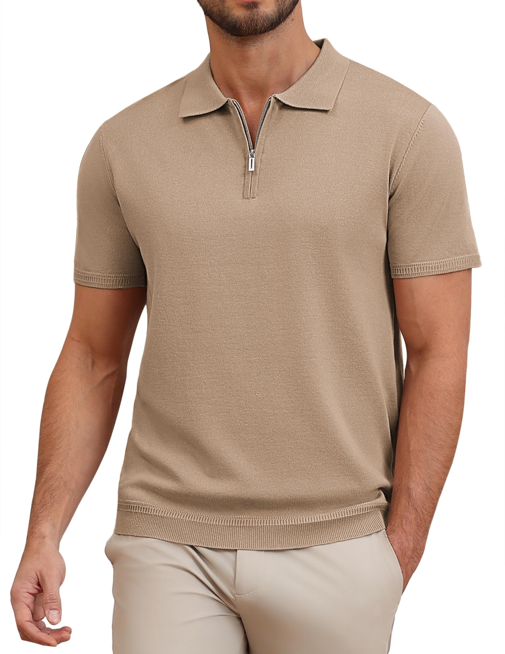 COOFANDY Herren Poloshirt Kurzarm Zip Polo Reißverschluss Sommer EIS Strick Polo T-Shirt Polohemd Golf Shirts