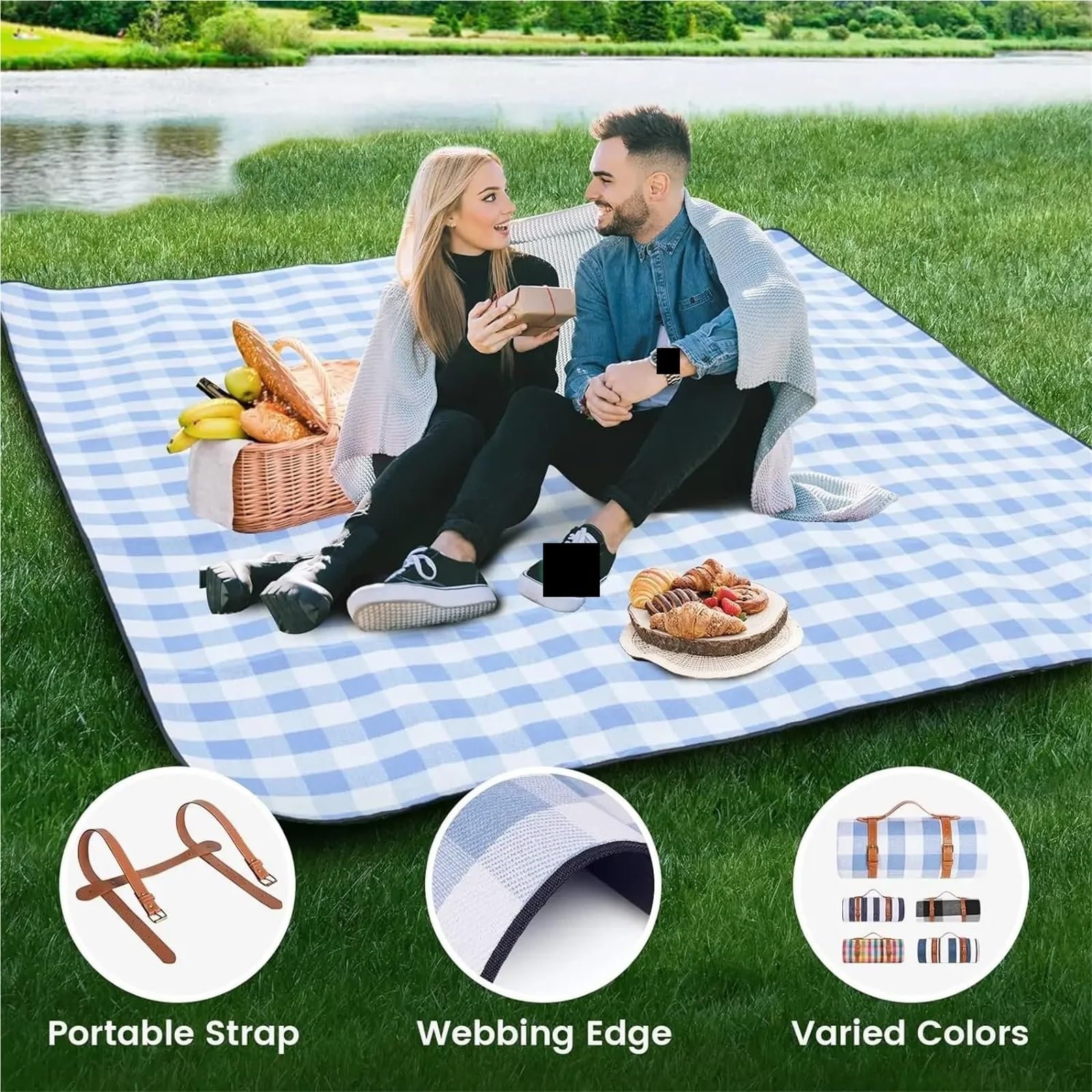 Grande Coperta da Picnic Tappetino da Picnic Impermeabile Tappetino da Spiaggia Pieghevole Parco da Campeggio all'aperto, Spiaggia per Campeggio(Blue White Grids,200cm X 200cm)