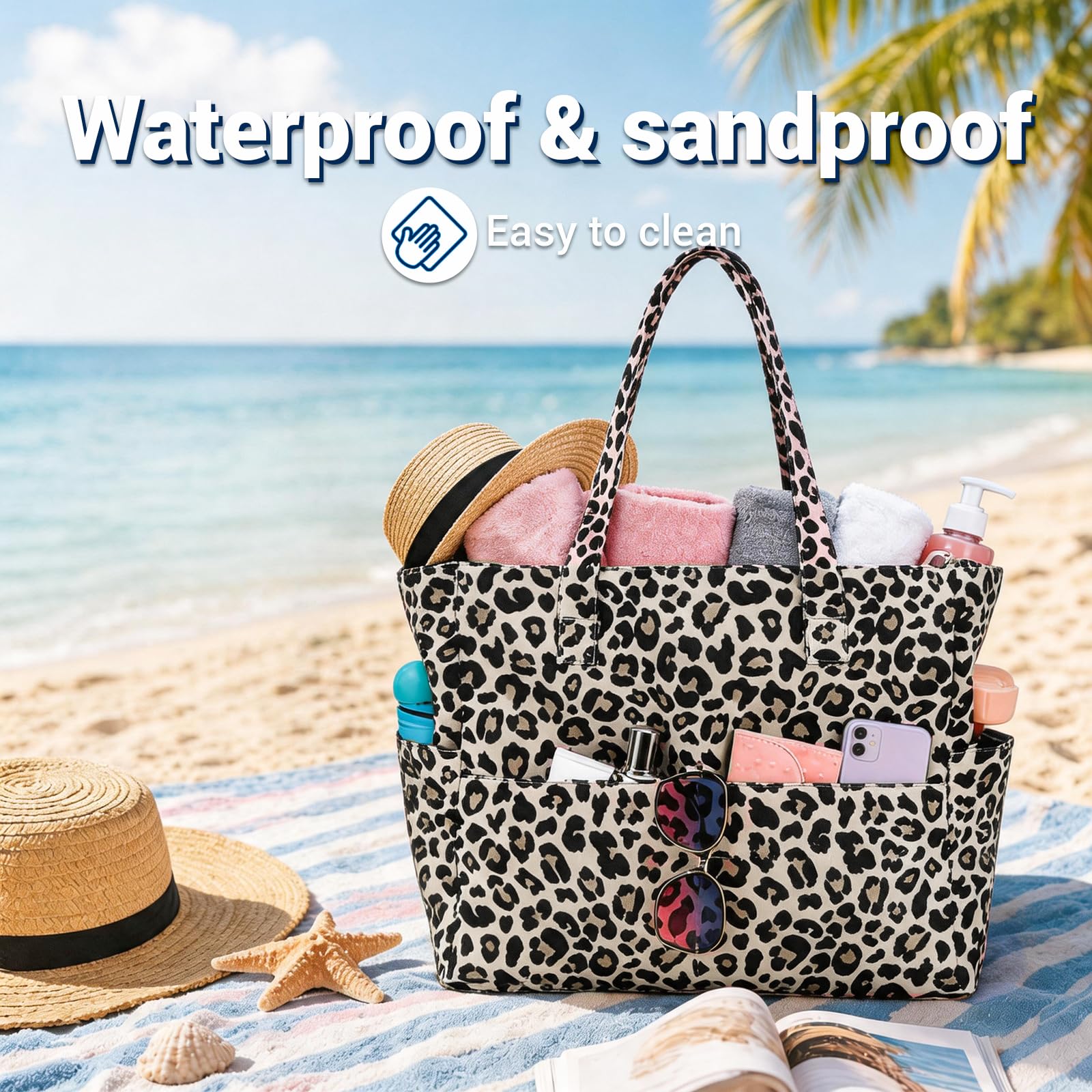 dellyy Borsa Mare Grande XXL, Borsa Spiaggia Donna Impermeabile e Antisabbia con Cerniera, Grande Capacità, Tasche Multiple, Tote Mare per Vacanze, Piscina e Tempo Libero