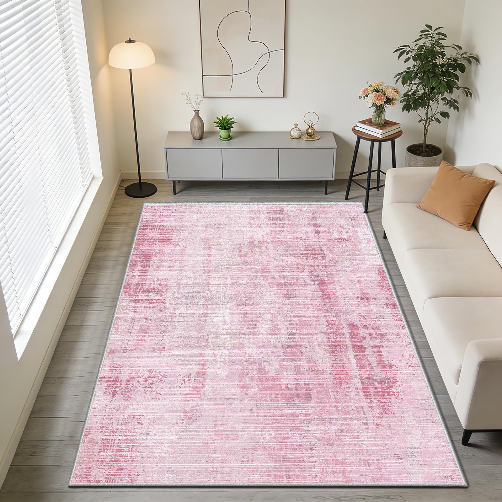 WUTONG Pink Rug for Bedroom 80x120cm,Abstract Distressed Washable Area Rug,Soft Faux Cashmere Small Bedside Rug with Non-Slip TPR Backing,Modern Minimalist Decor for Nursery & Office