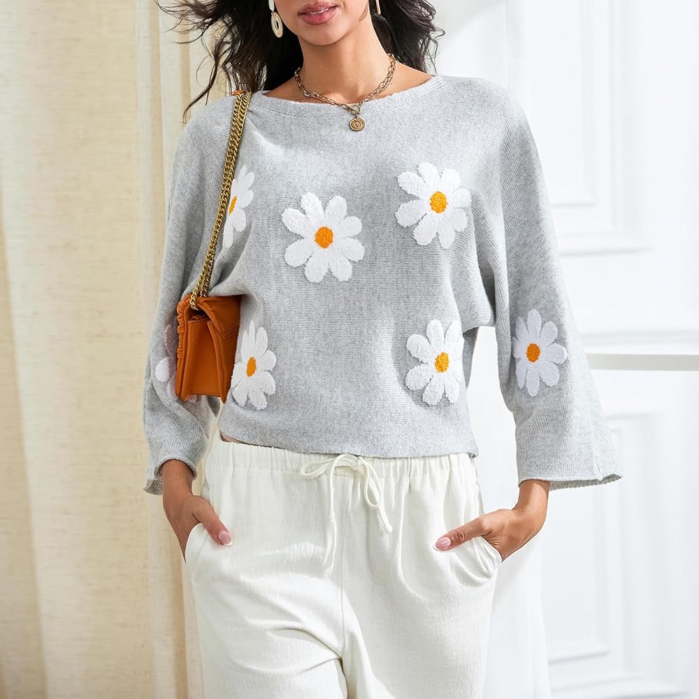 Women Flower Embroidered Knit Pullover Sweater Long Sleeve