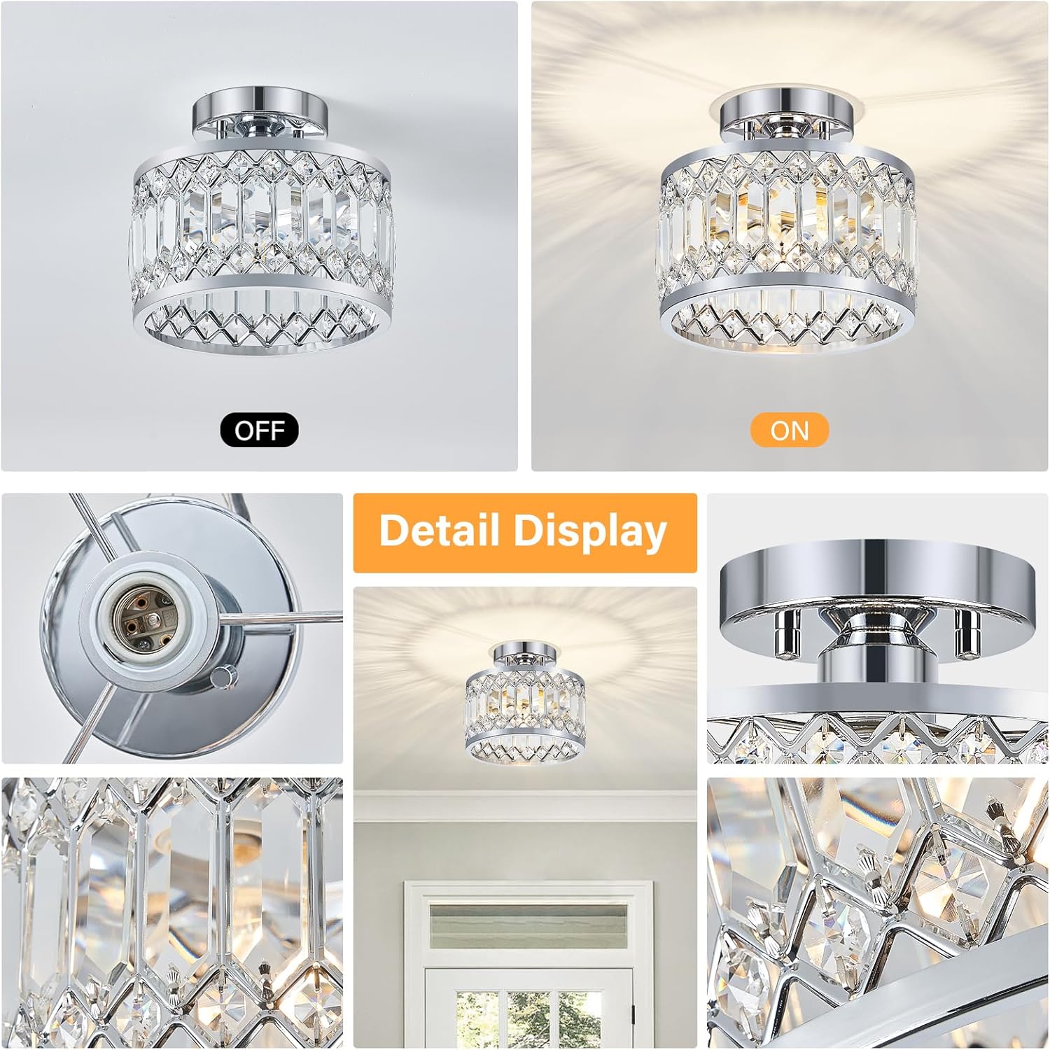 Crystal Ceiling Light Fixture, Modern Semi Flush Mount Ceiling Light, Chrome Lighting Fixtures Ceiling Lamp for Hallway, Kitchen, Entryway, Bedroom, Laundry Room, 9.05 Inch