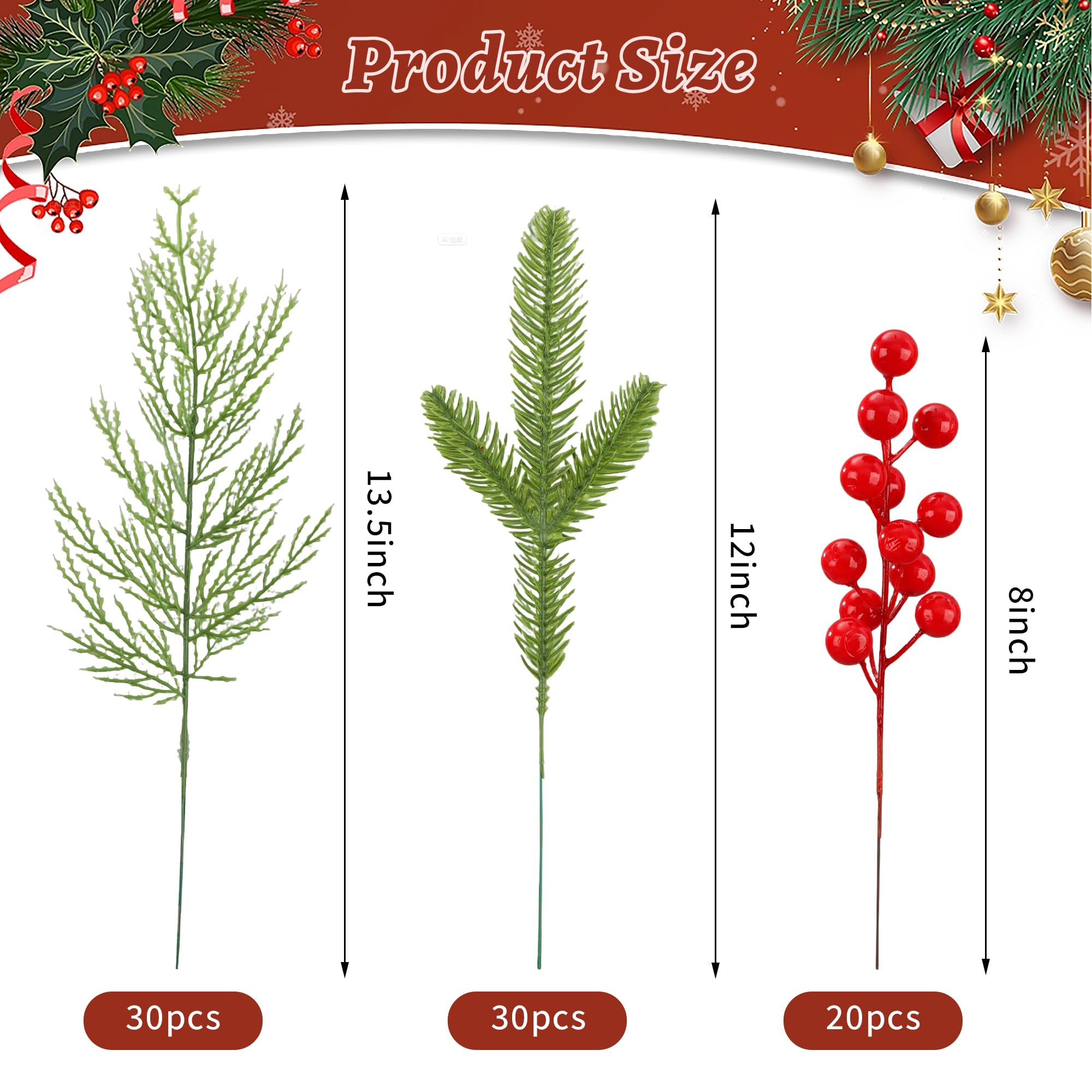 Künstliche Tannenzweige für Weihnachten, 20,3 cm, künstliche rote Beerenstiele, 34,3 cm, künstliche künstliche Tannen, Nadeln, DIY-Handwerk, Dekorationen für Weihnachtsbaum, DIY-Kranz, Girlande