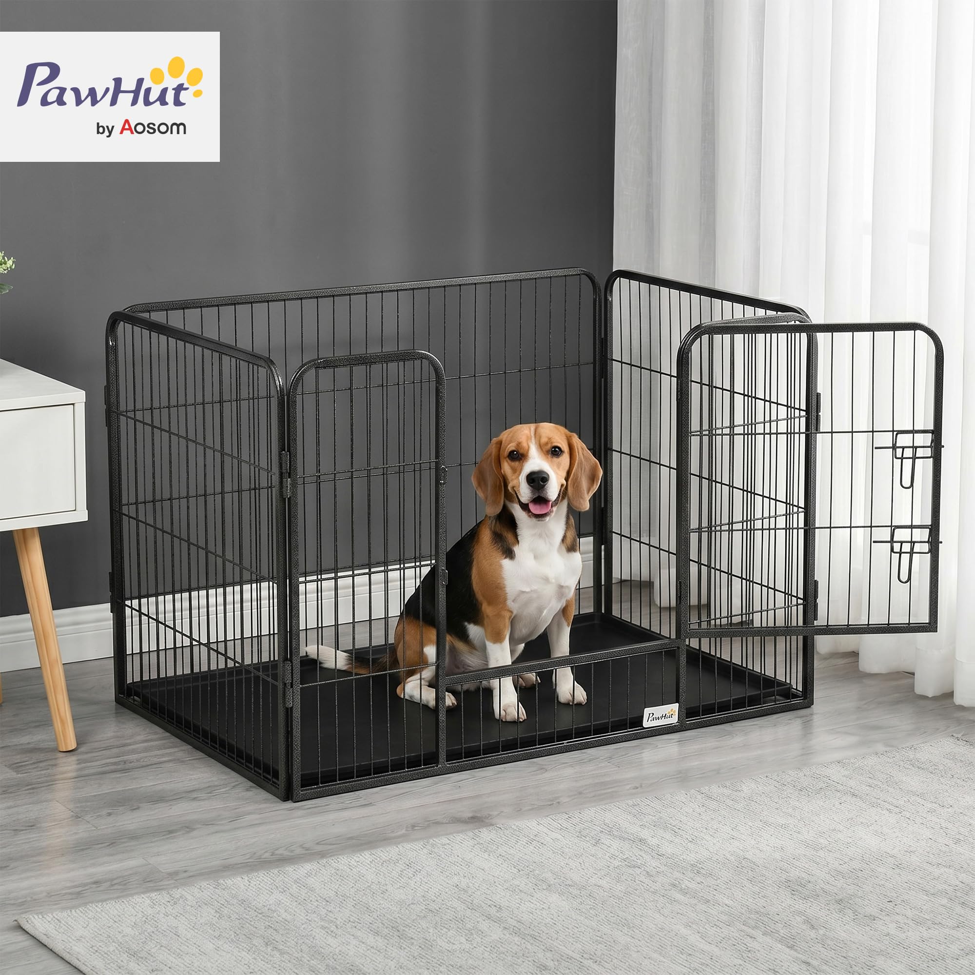 PawHut Box per Cani Recinzione in Metallo per Animali con 4 Pannelli, Porta con Doppio Blocco e Vassoio sul Fondo, 109x74x71cm, Grigio