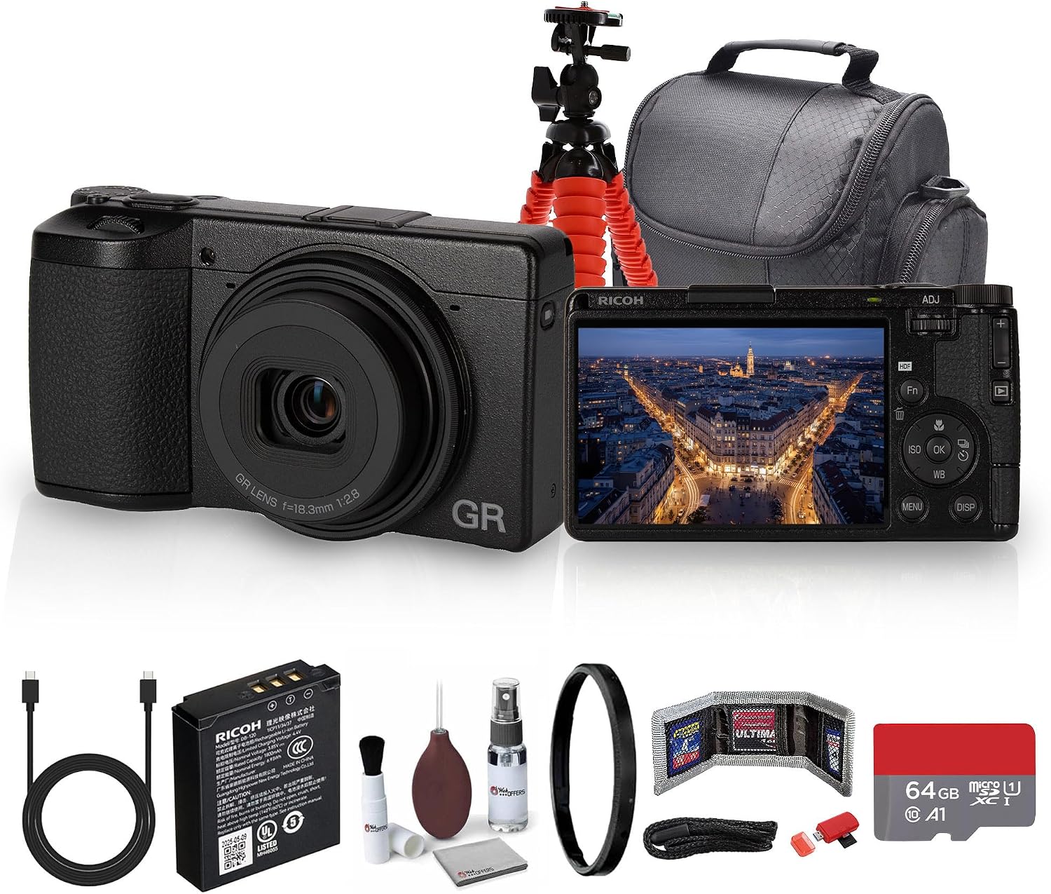 Ricoh GR IV HDF Digital Camera with Fast f2.8 Lens, Image Stabilization, and Portable for Everyday and Travel Photography + 64GB Card + Bag + Tripod + Cleaning Kit + More