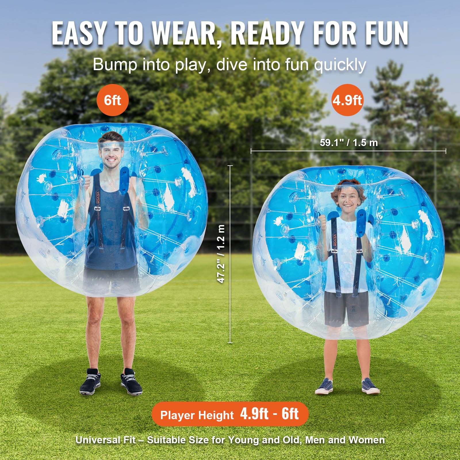 VEVOR Bulle Gonflable de 1,5 m, Balle Pare Chocs à Bulles en PVC pour Hamster Humain 0,8 mm d'Épaisseur pour Adolescents et Adultes Jeux d'Équipe en Plein Air Jouets Pare-Chocs Bleu et Transparent