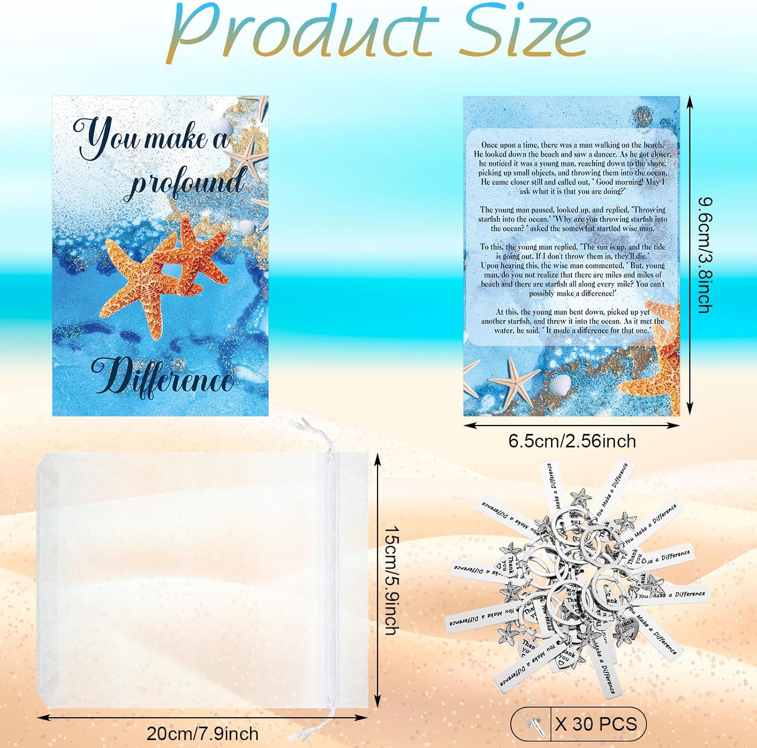 Gersoniel 30 Sets Starfish Story Gifts Bulk Employee Appreciation Gifts Thank You Staff Valentines Sea Gift Include Mini Keychain Charms Notecards Drawstring Bag for Coworker Volunteer(Elegant Style)