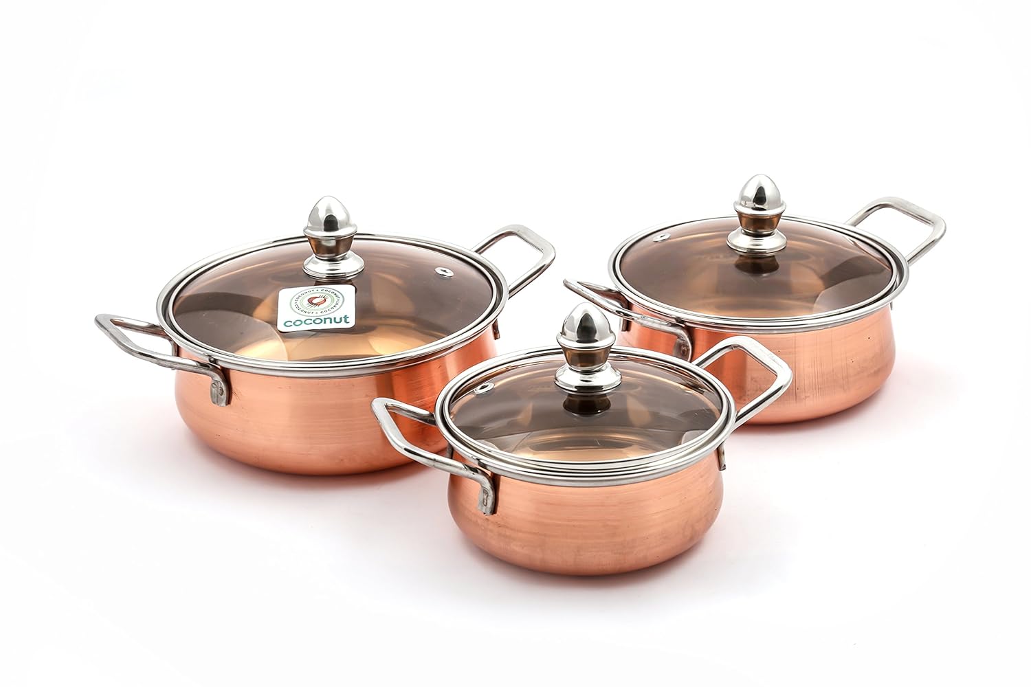 Coconut Minar Copper with Glass Lid Cookware Set (Stainless Steel, Copper, 3 – Piece) Coconut Minar Copper with Glass Lid Cookware Set (Stainless Steel, Copper, 3 – Piece)
