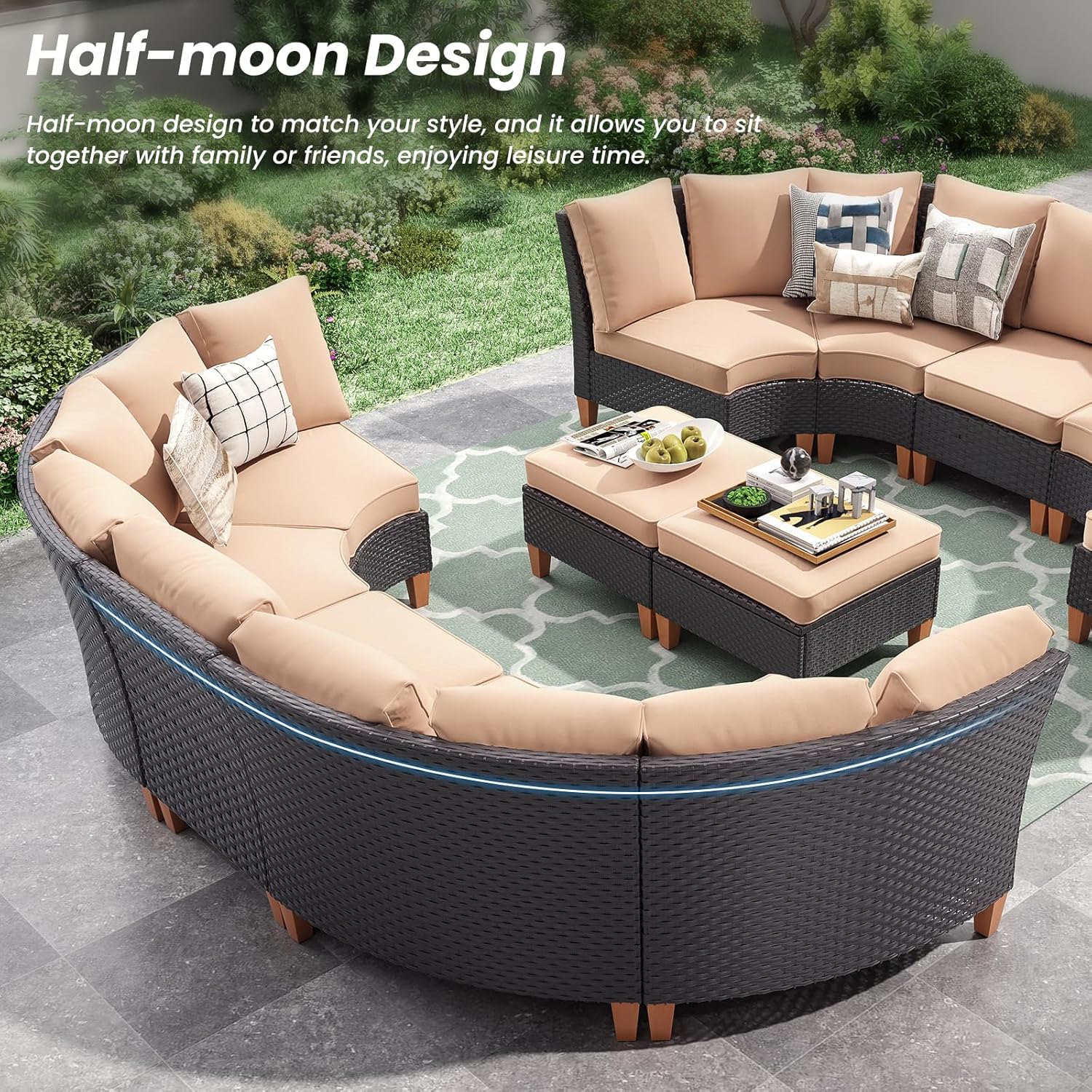 Soohow Half-Moon Patio Conversation Set, 5 Piece Outdoor Sectional Furniture Set with Cushions, Wicker Patio Conversation Set Outdoor Sectional Sofa, All-Weather for Garden, Backyard and Poolside