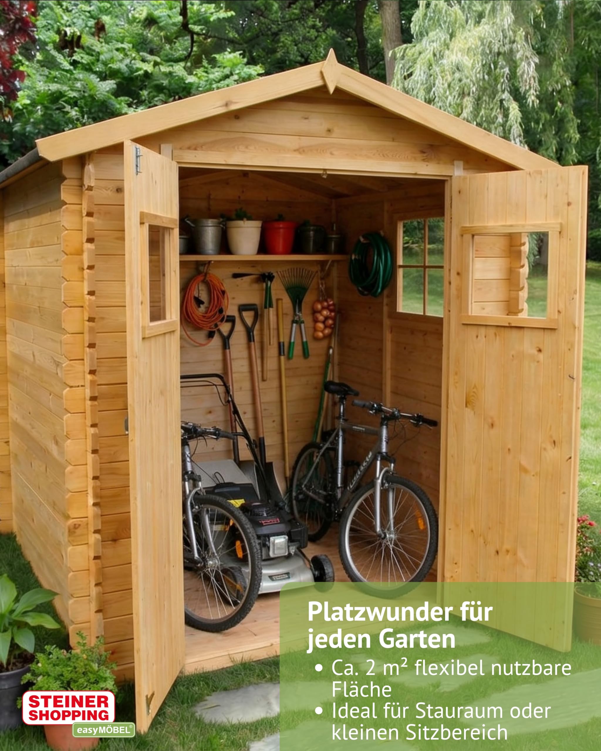Steiner Shopping Gartenhaus Salzburg 19 mm I 180 x 130 cm aus Holz I Massiver Geräteschuppen mit Doppeltür I Kompaktes Gerätehaus für Gartengeräte & Fahrräder I Robuster Gartenschuppen
