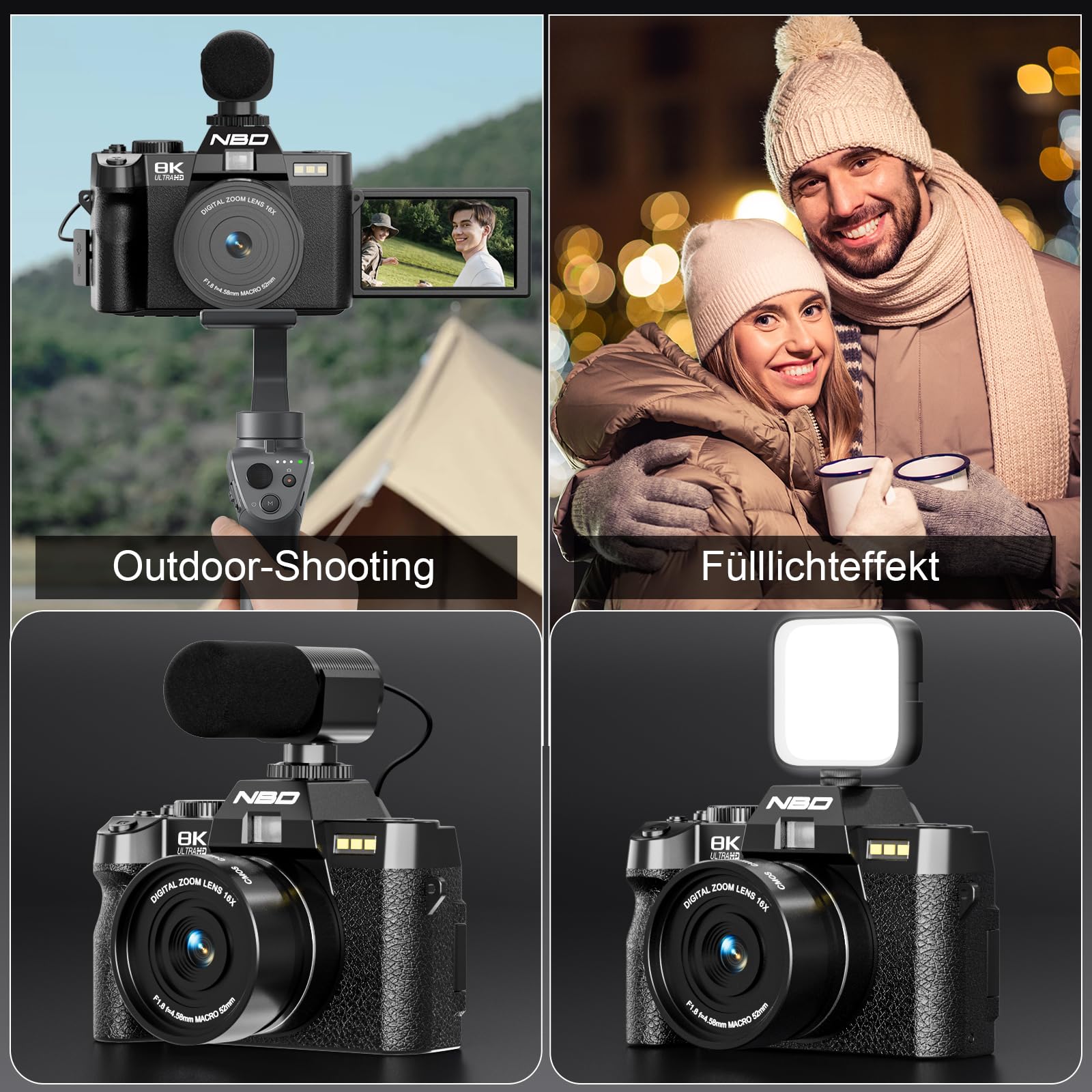 NBD 8K Digitalkamera 64MP mit Autofokus und 16X Digitalzoom | 3 Zoll 180° Klappdisplay, WLAN, Mikrofon, 2 Akkus, 32GB Speicherkarte, Weitwinkel/Makro, Vlogging, Reisen, Anfänger