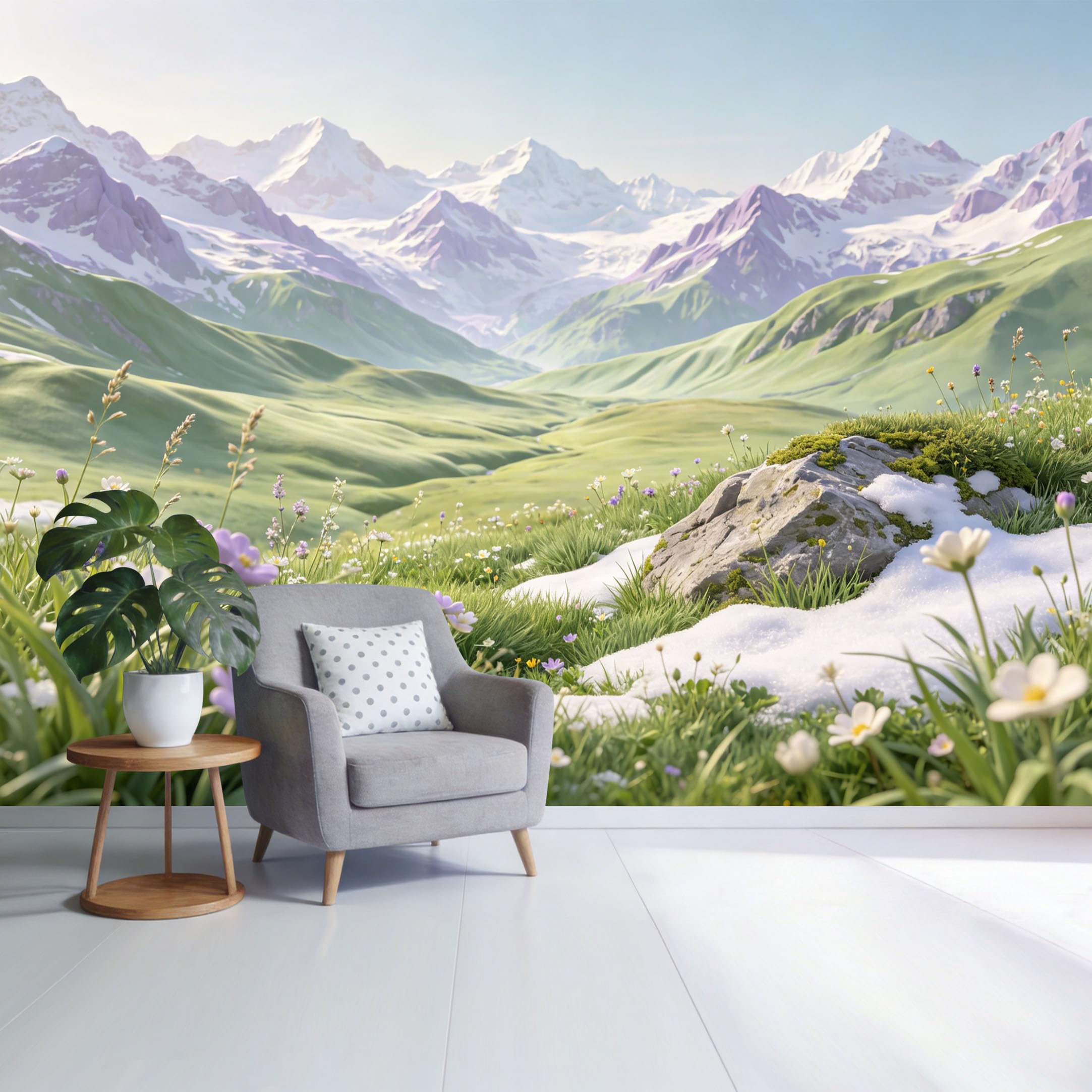 Custom Size Wall Mural Mountain Meadow Landscape Snow Peak Wildflower Scene Natural Green Valley SelfAdhesive Wall Fabric Removable Wallpaper for Home Office Decor