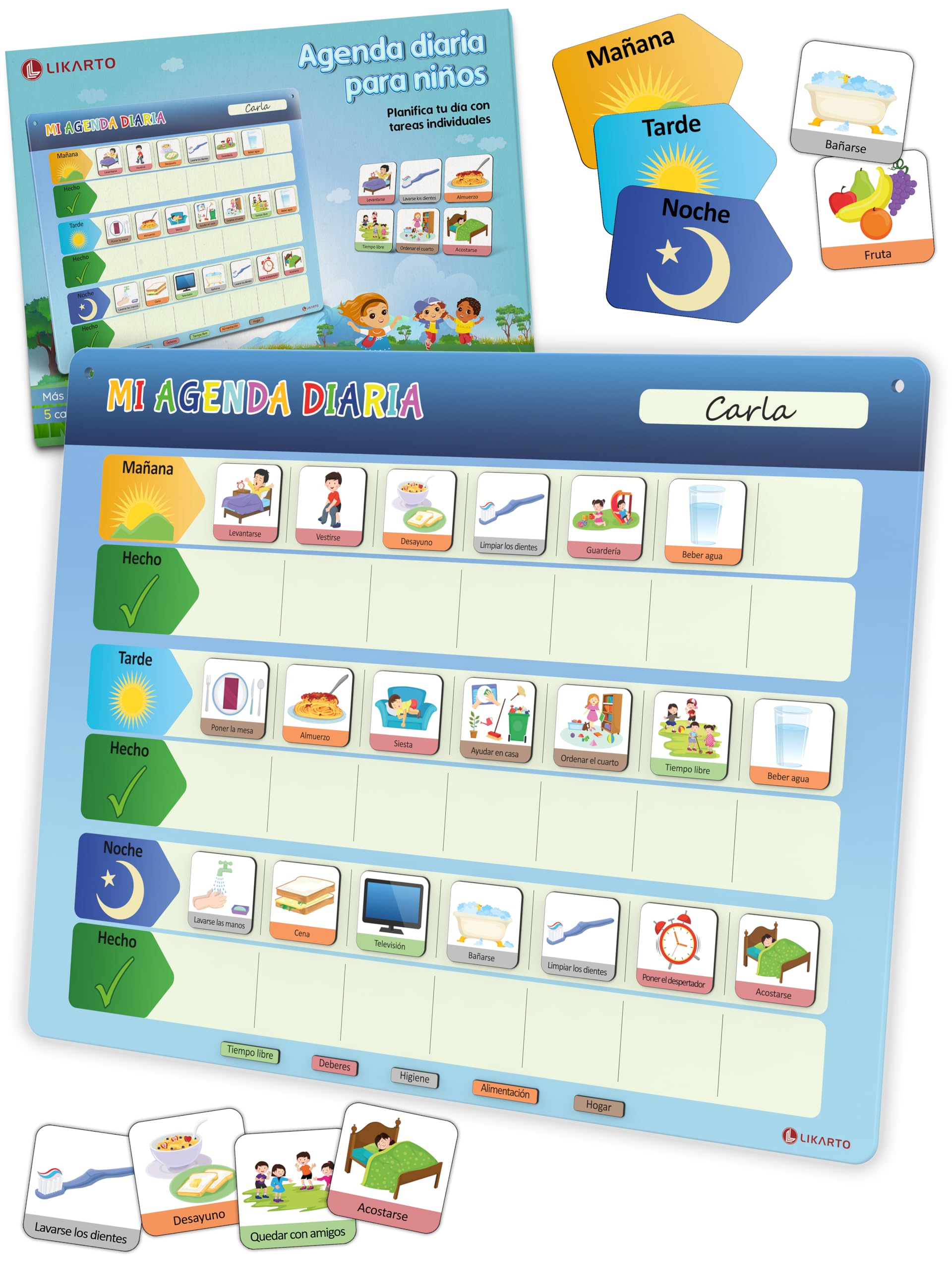 LIKARTO Agenda diaria para niños - Pizarra magnética planificador de Montessori con 152 imanes y cordón - Se puede escribir y borrar completamente - Aprende las rutinas diarias