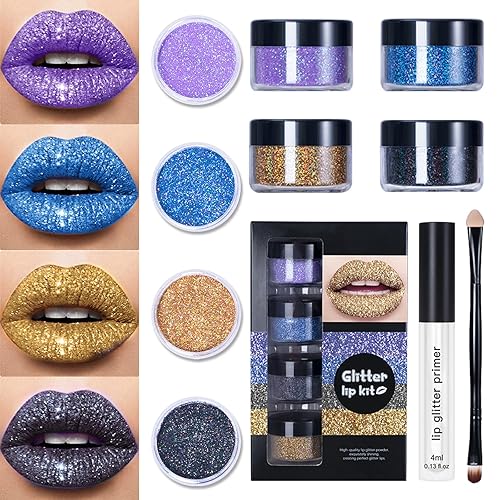 LOKFAR Kit de labios con purpurina de 4 colores, diamante brillante y brillo de labios metálico, lápiz labial brillo de labios, lápiz labial con