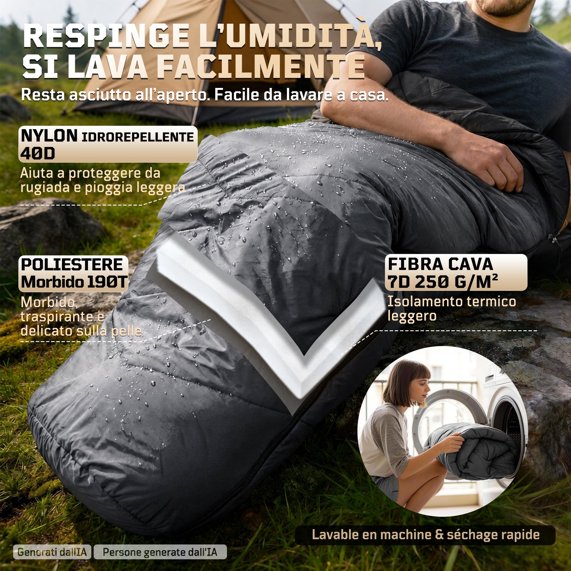 Sacco a pelo a mummia per 2-3 stagioni (comfort 6 °C), traspirante, per adulti fino a 185 cm, compatto nylon ripstop 40D con sacco a compressione per campeggio, escursioni e festival