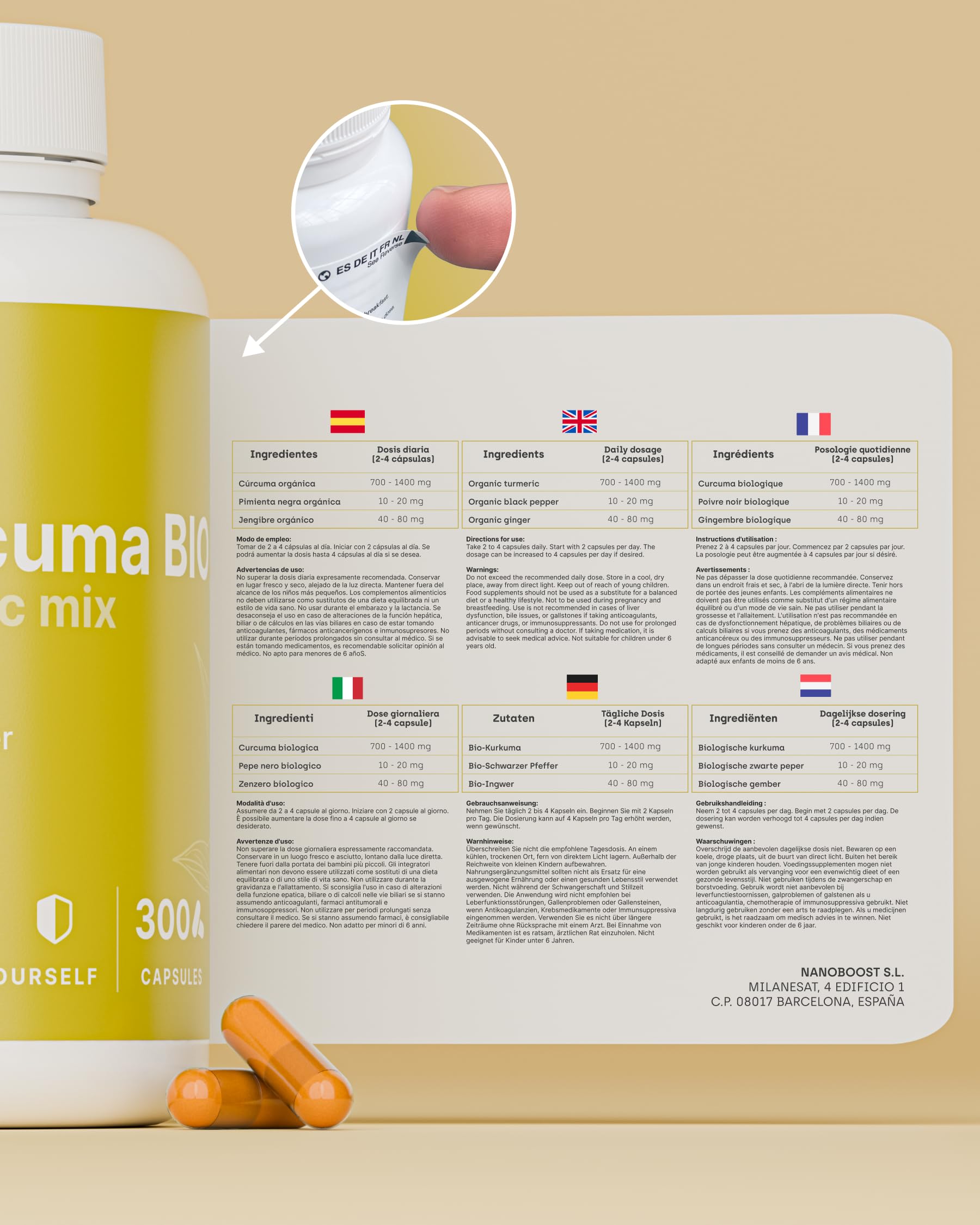 Cúrcuma con Pimienta Negra y Jengibre BIO | 300 Cápsulas | Fórmula Ecológica y Vegana | 1400 mg | Curcumina + Piperina con Alta Absorción | Formato XXL | Antiinflamatorio, Articulaciones y Digestión