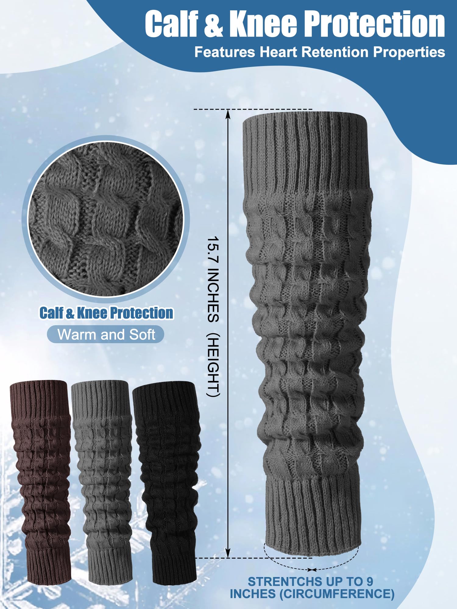 Chuarry 3 Pairs Winter Fleece Lined Leg Warmer for Women Skating Leg Warmer Long Boot Socks for Women Skating Every Day Wear: Brown, Black, Dark Gray 8 Figure Knit Pattern