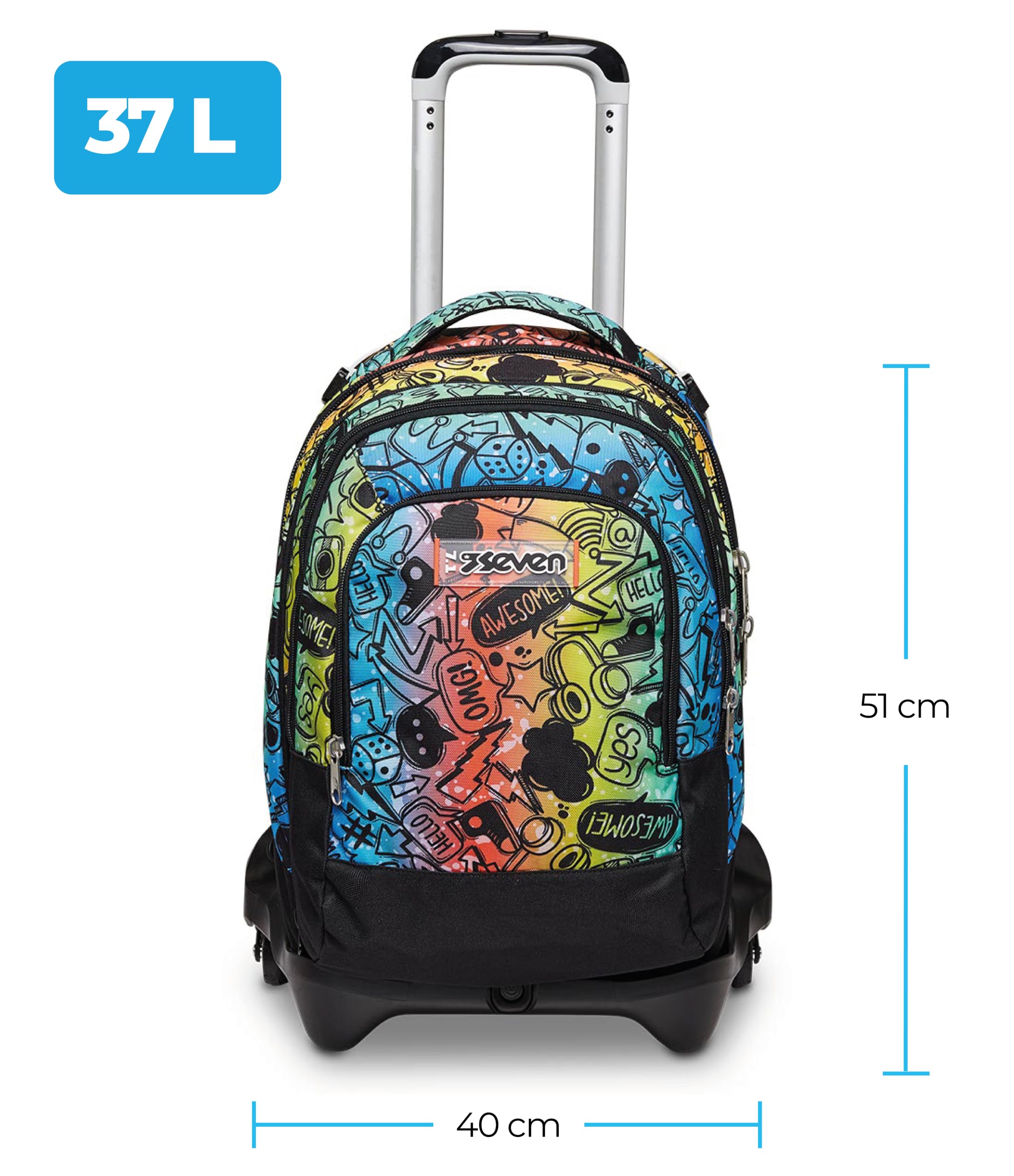Seven Set Schulranzen mit Rollen, Schulrucksack Mädchen Junge 1. klasse, Rucksack mit Trolley Funktion, 2 in 1 Trolley + Mäppchen mit 3 Fächern