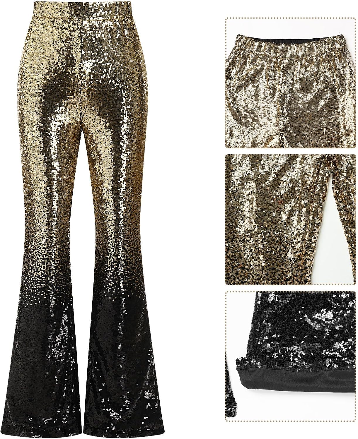 ODIZLI Womens Bell Bottom Sparkle Sequin Flare Pants Elastic High Waisted Bling Glitter Dance Pants - Image 6