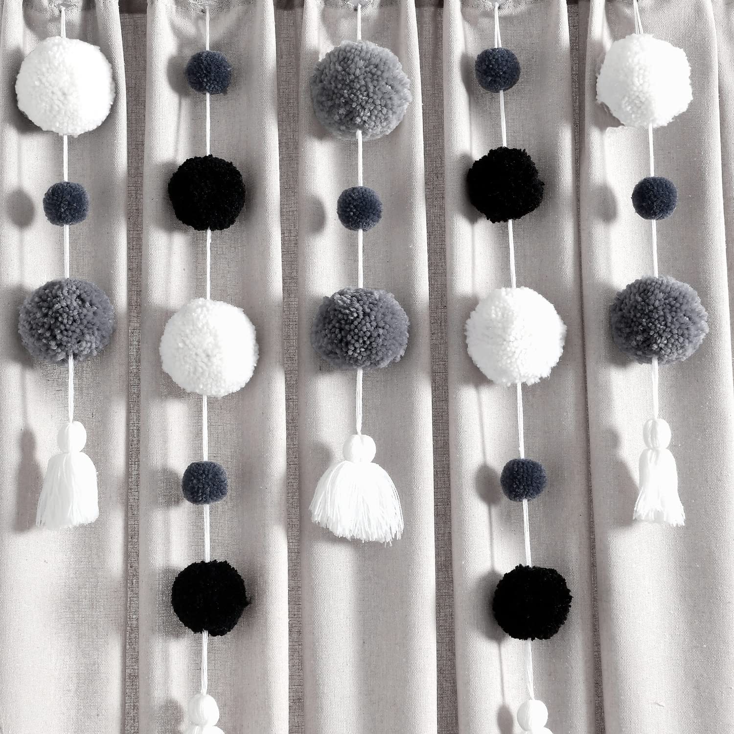 Lush Decor Boho Pom Pom Tassel Linen Window Curtain Panel (Single Panel), 95" L x 52" W, Gray & Black - Image 3
