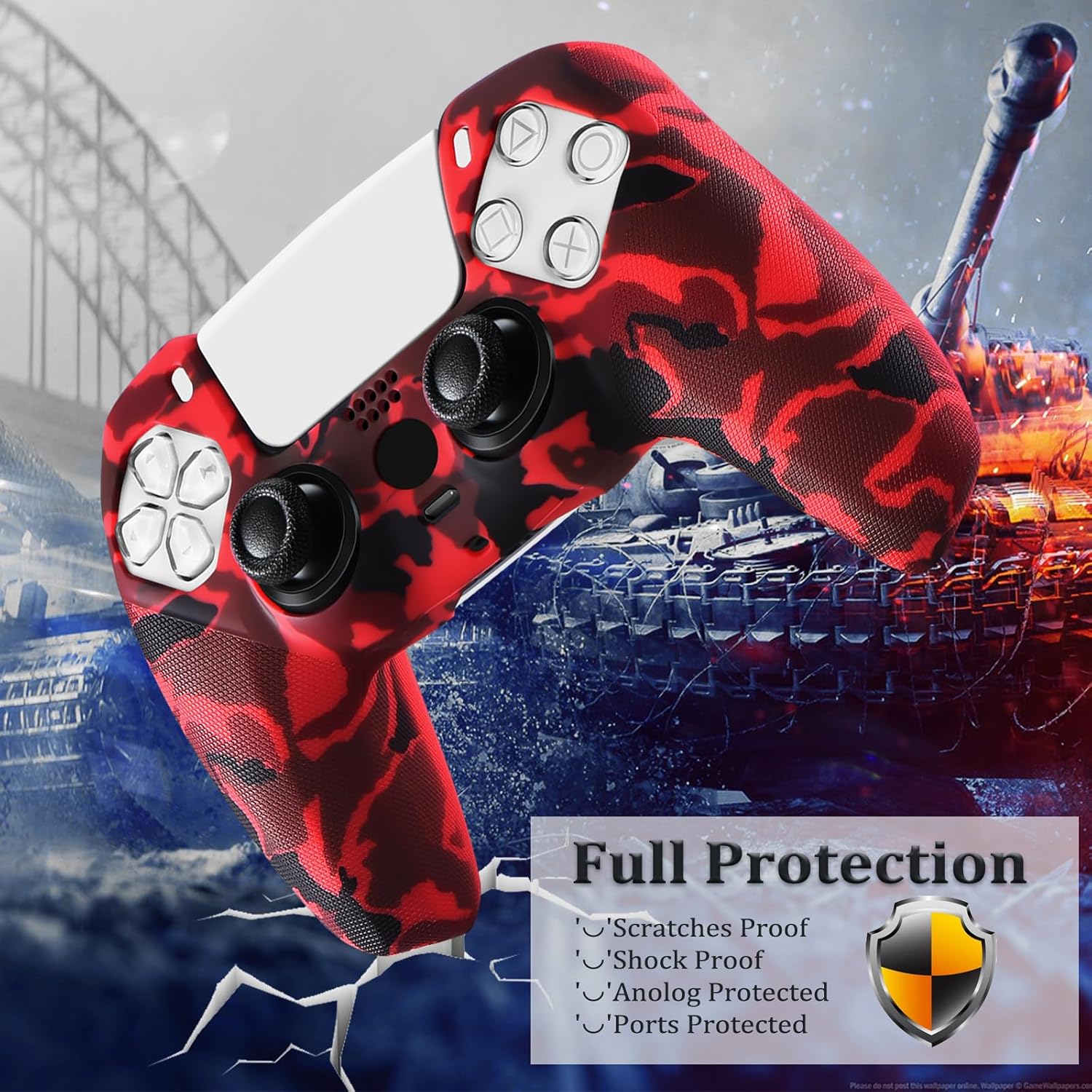 YoRHa Studded Printing Silicone Rubber Customizing Skin Cover for PS5 Dualsense Controller x 2(Red+Blue) with Pro Thumb Grips x 10 4 81Rq58TIBSL. AC SL1500