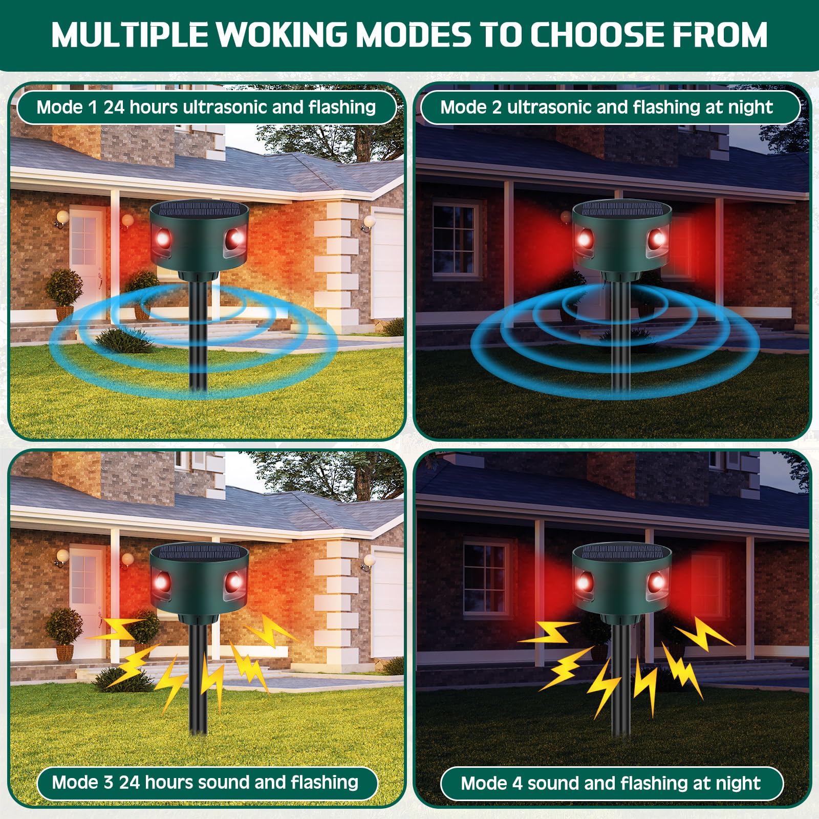 Qualirey Paquete de 2 sensores de movimiento solares para exteriores, sensor de movimiento, disuasorio de animales, sonido de disparo, alarma de ladridos de perro para seguridad del hogar (verde,