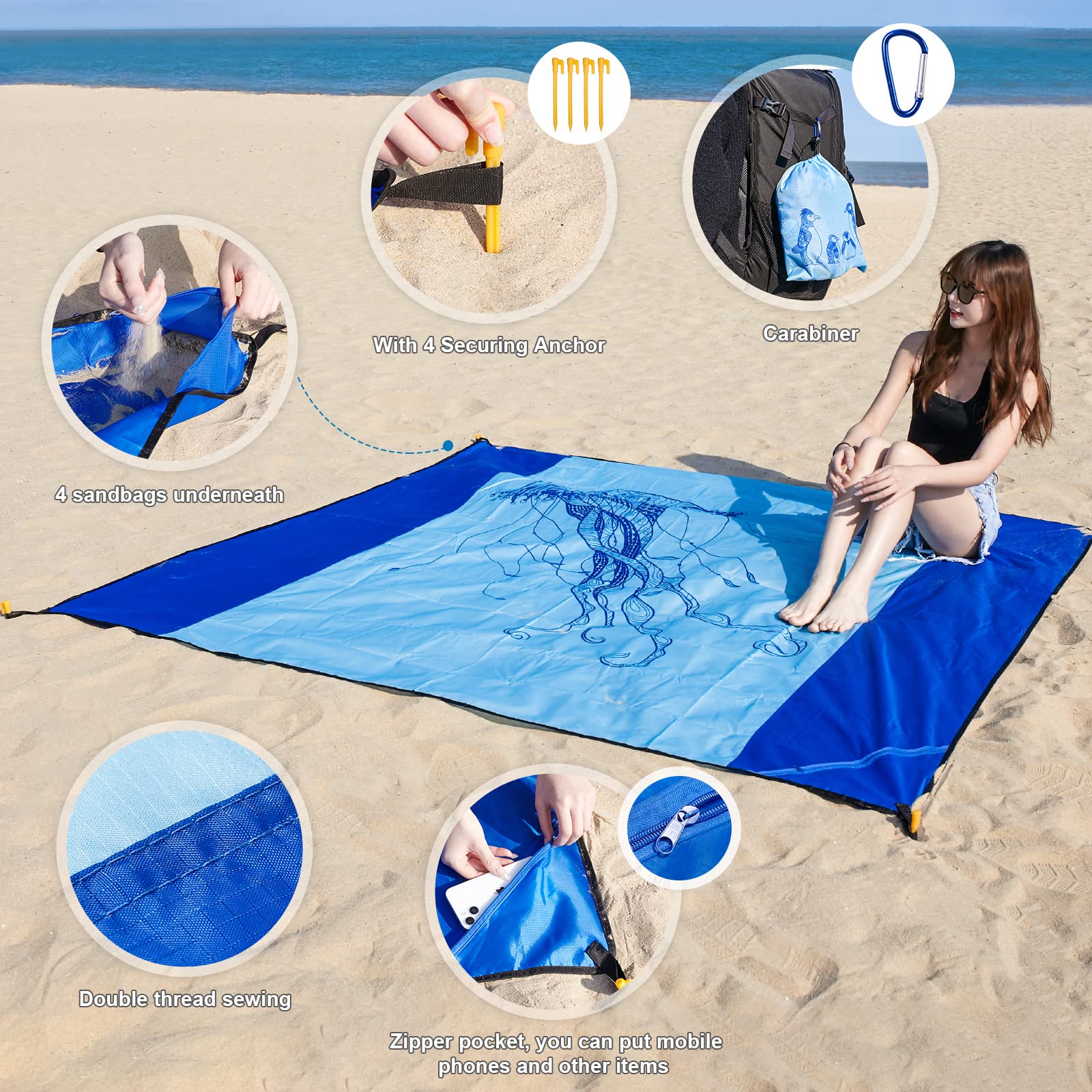 Telo Da Spiaggia XXL Impermeabile 300x280 Cm - Con Tasca Per Telefono E Ancoraggi | Delfino - Foto 2