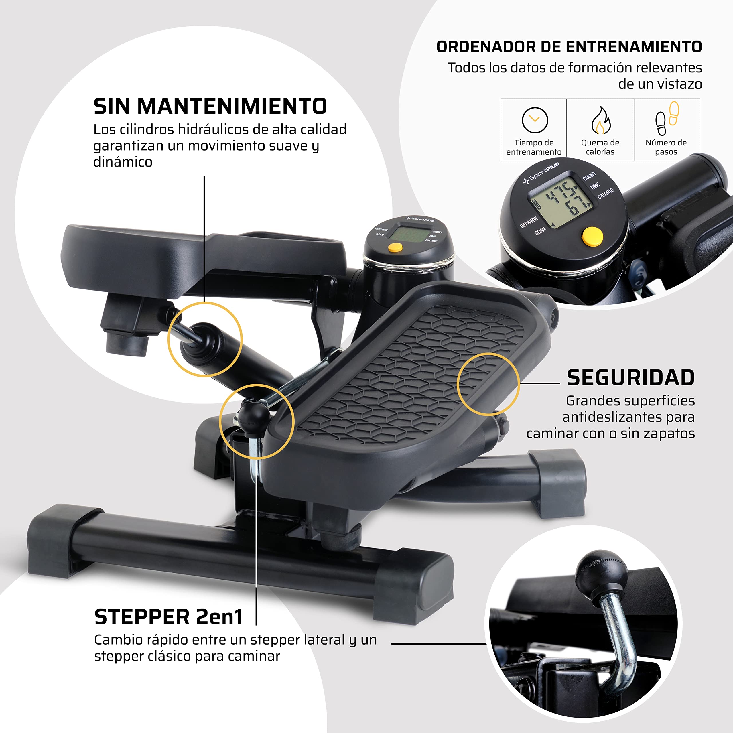 SportPlus Mini Stepper 2 en 1 con tecnología de conmutación patentada, Stepper Swing y Stepper Mon/Descenso en un Solo Dispositivo, hasta 100 kg, Cilindro hidráulico sin Desgaste