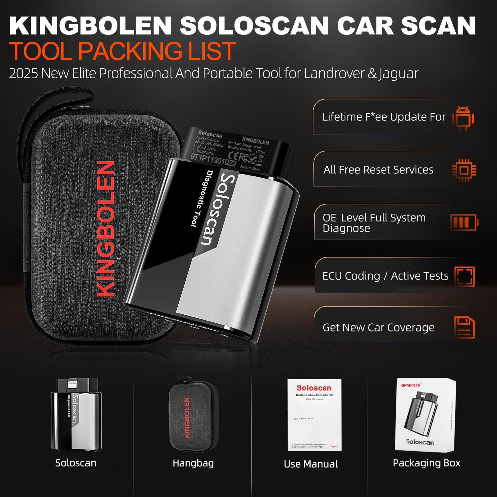 KINGBOLEN Soloscan diagnostyka OBD2 dla Land Rover/Jaguar, diagnostyka samochodowa Bluetooth, diagnostyka wszystkich systemów, 50+ resetów, kodowanie ECU, bezpłatne aktualizacje