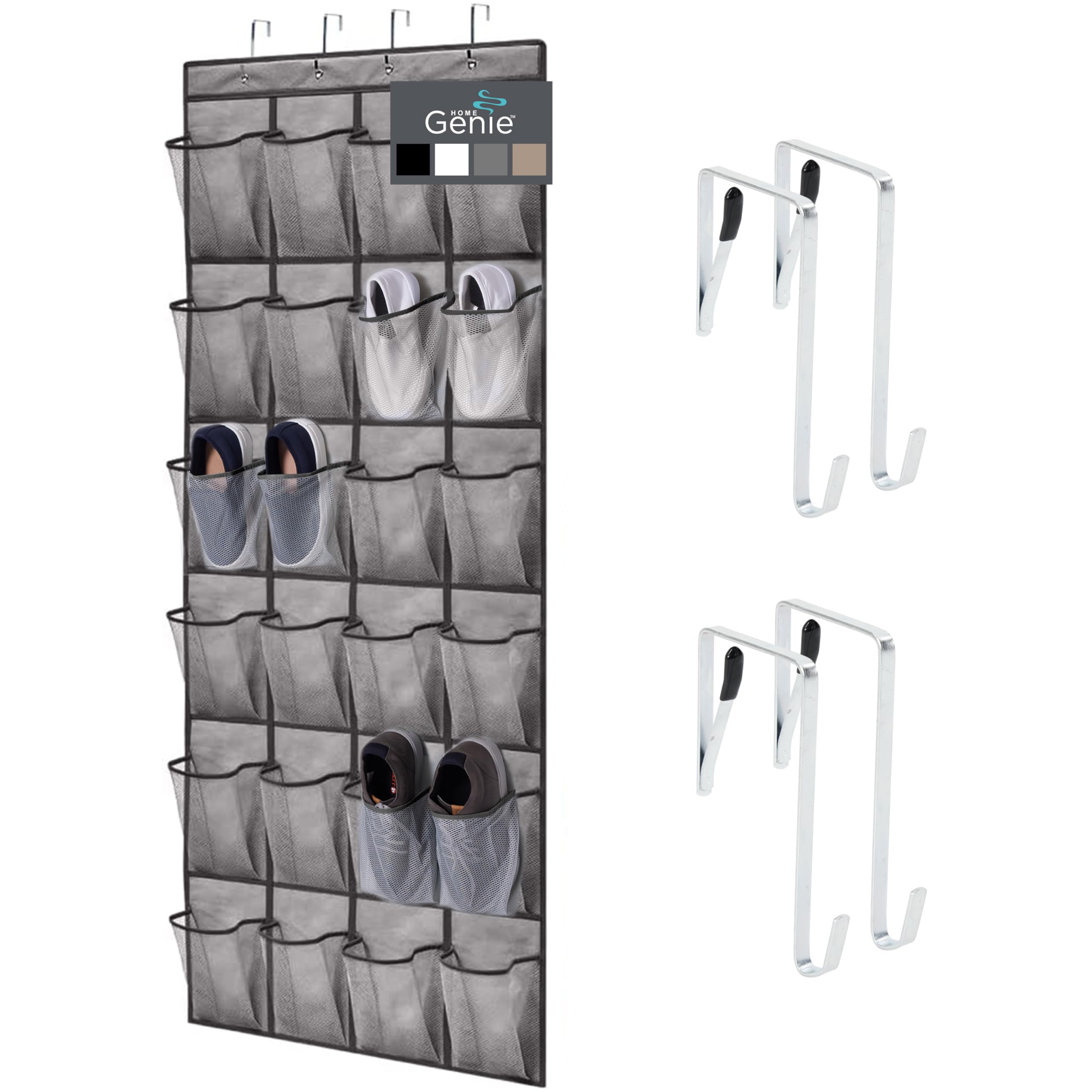 home genie over the door hanging shoe organizer, 24 breathable mesh pockets, closet rack storage holder, stay in place hooks hang on closets, hanger holds up to 40 lbs for shoes, accessories, gray