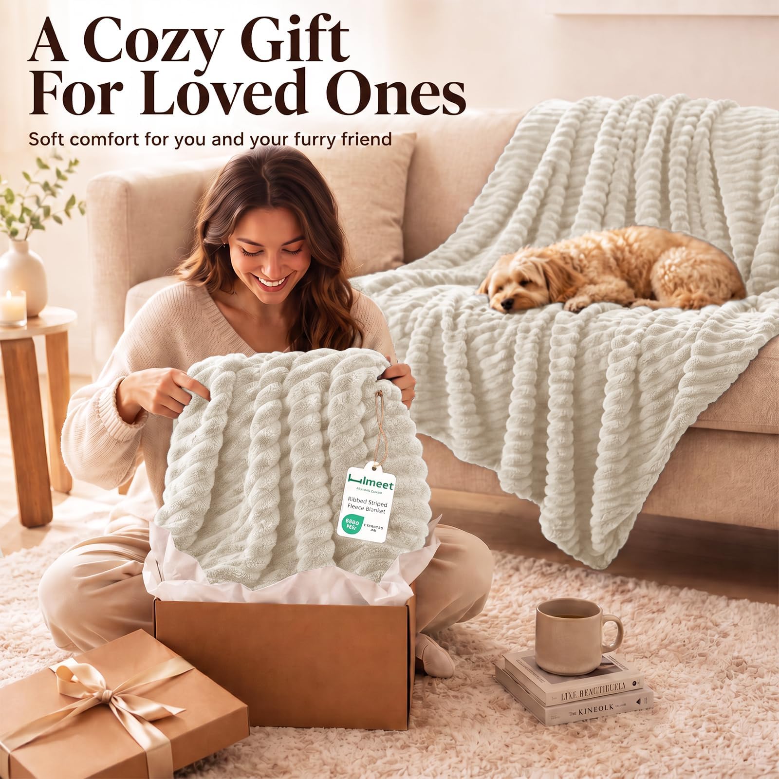 HIMEET Beige Throw Blanket for Couch, 300GSM Ribbed Fleece, 50 x 60 Inches view 7