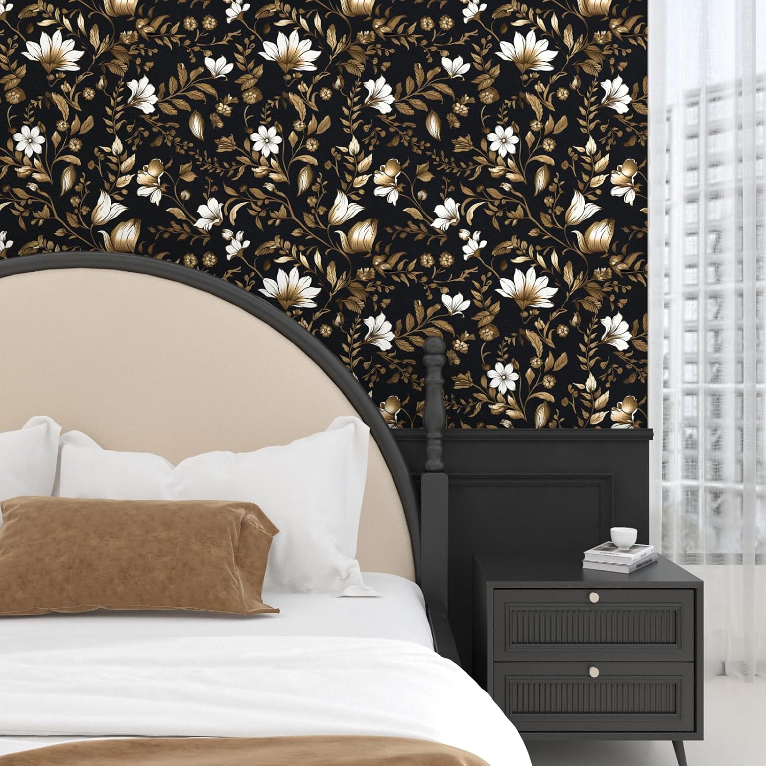 BOKEBEVE Retro Leaf Contact Paper Peel and Stick Floral Wallpaper Vintage Black Gold Wall Paper for Cabinet Countertop Bedroom Removable Renter Friendly 17.5 x 196.5In