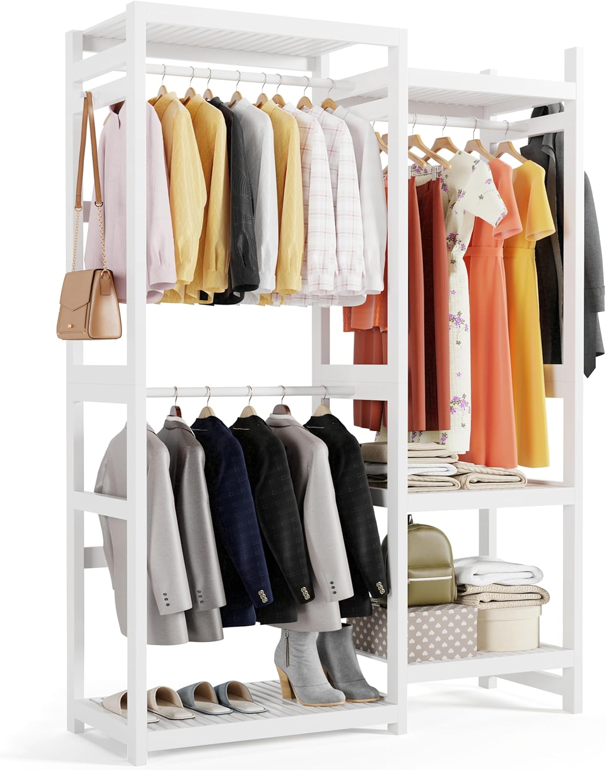 Bamjoy Bamboo Closet Organizer System, Heavy Duty Clothes Rack for Hanging Clothes with Adjustable Shelves, Garment Rack Wardrobe Storage for Room Organization, 77" H x 47.2" W x 716.3" D White