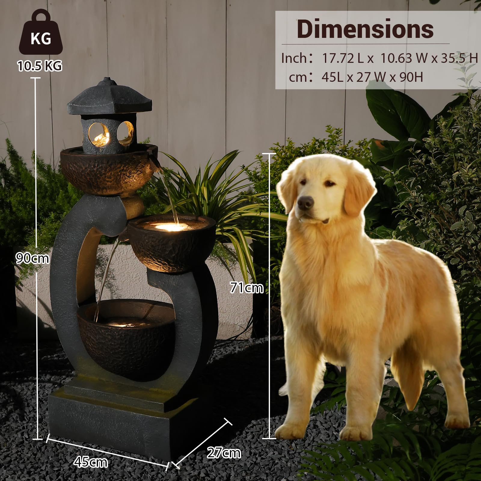 Bumilgar Springbrunnen Solar Gartenbrunnen für Außen mit LED Beleuchtung Zimmerbrunnen Kaskade Brunnen Wasserspiel Wasserfall Brunnen für Garten,Balkon,Terrasse, 89.5x45x27 cm