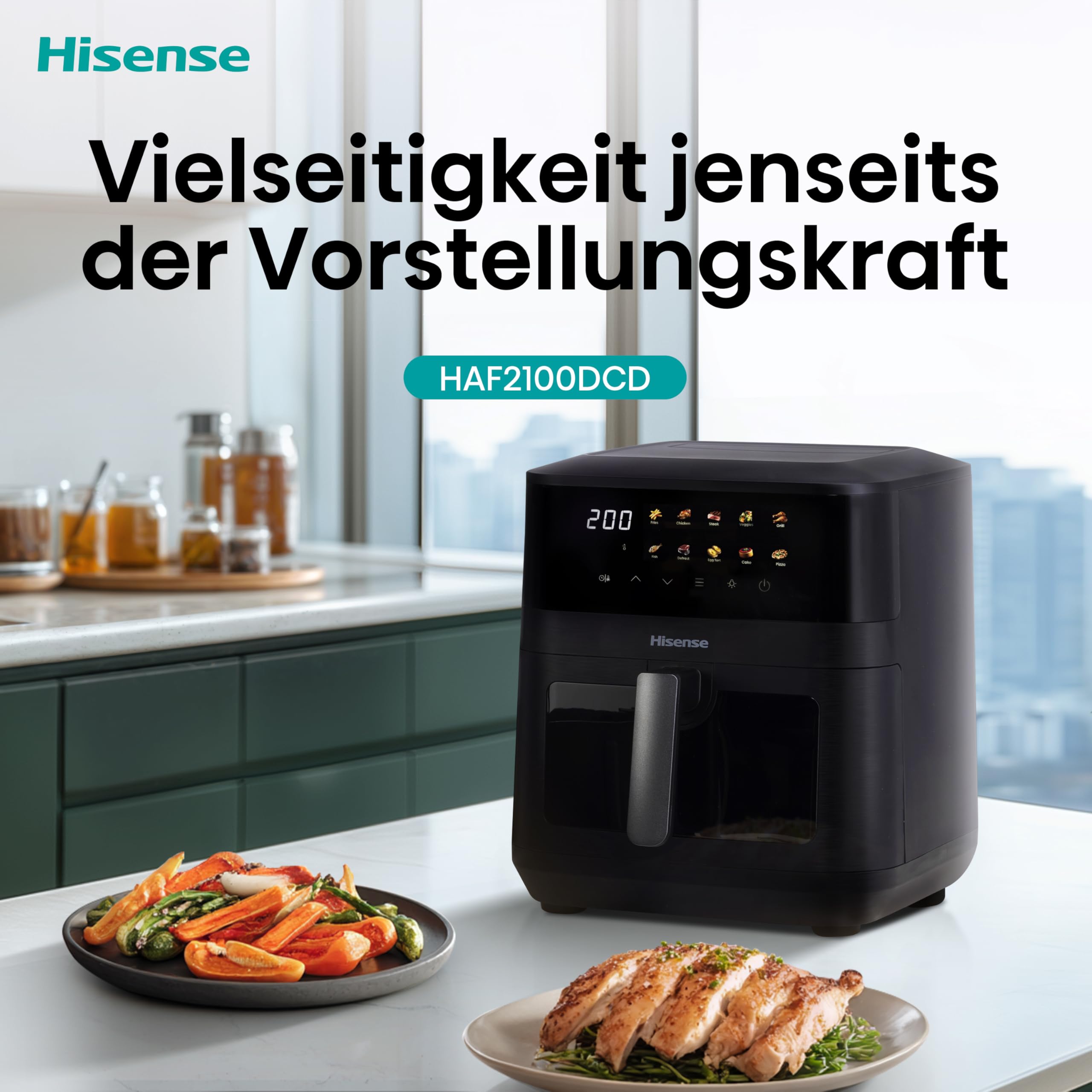 Hisense HAF2100DCD Heißluftfritteuse /2100 W /7,7 L Kapazität /10 voreingestellte Programme/Antihaft-Beschichtung/Energieeffizient/Start Delay Funktion/HxBxT: 40,1 x 31 x 35 cm/Schwarz