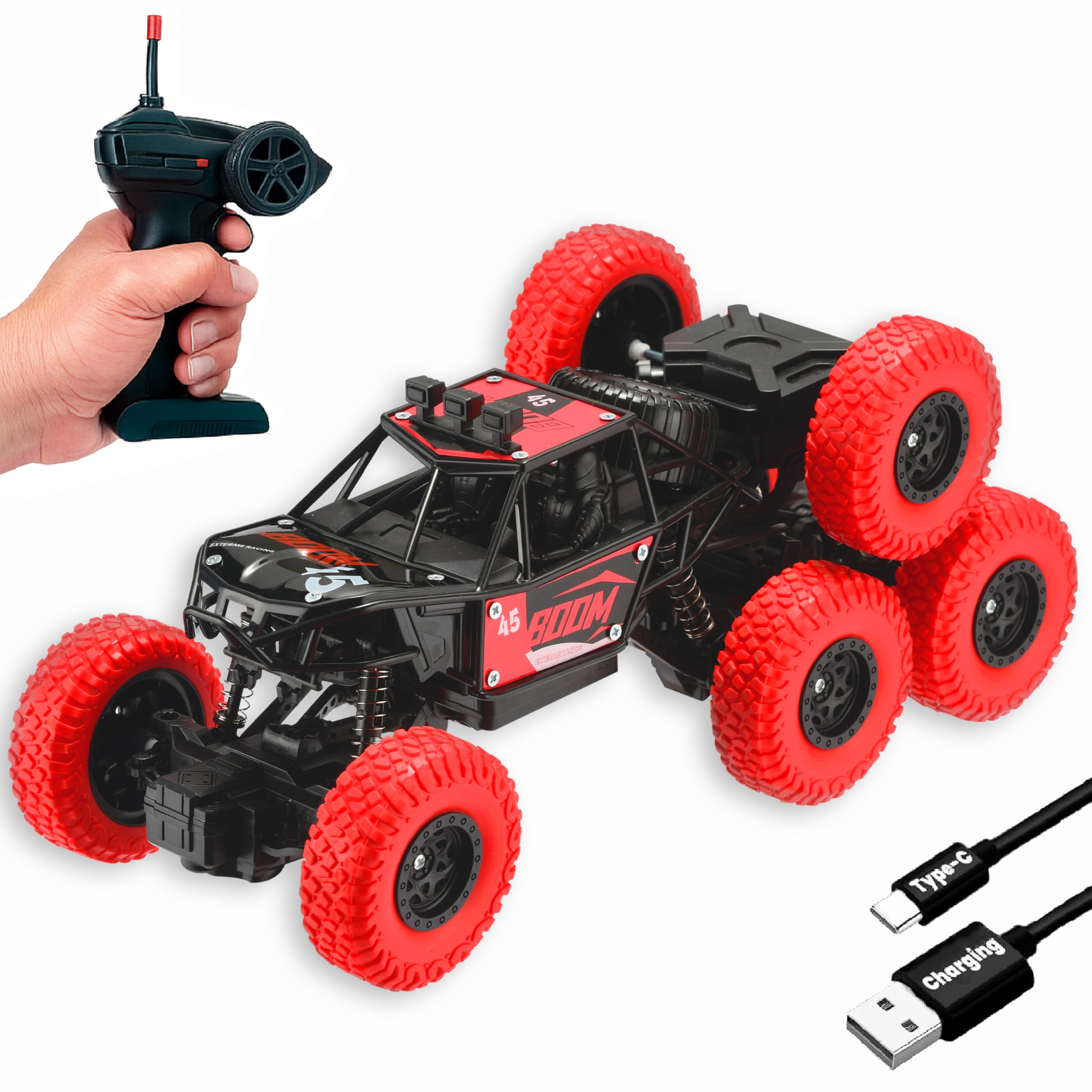 Gooyo GY-88 Remote Control 8-Tyres Rock Crawler Toy Car | RC Monster Car 4x4 Soft and Elastic Rubber Tires |Rechargeable Batteries|Red|Power Source: Lithium Battery |-image-44