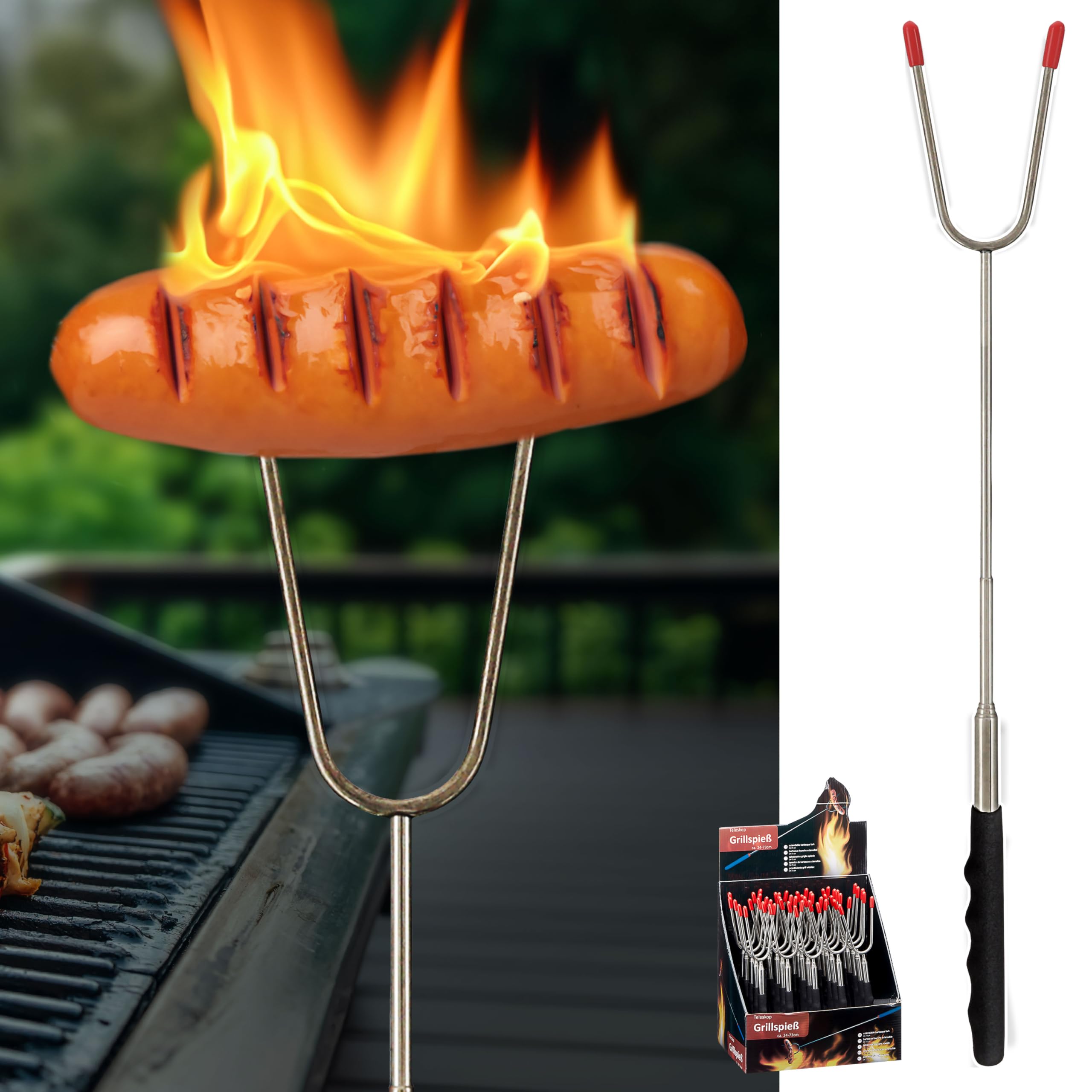 Set di 25 spiedini telescopici, in acciaio inox e PVC, 7,5 x 25 x 1,5 cm, 24 bis73 cm, nero e argento, forcella estensibile (1 set di 25 spiedini per barbecue)