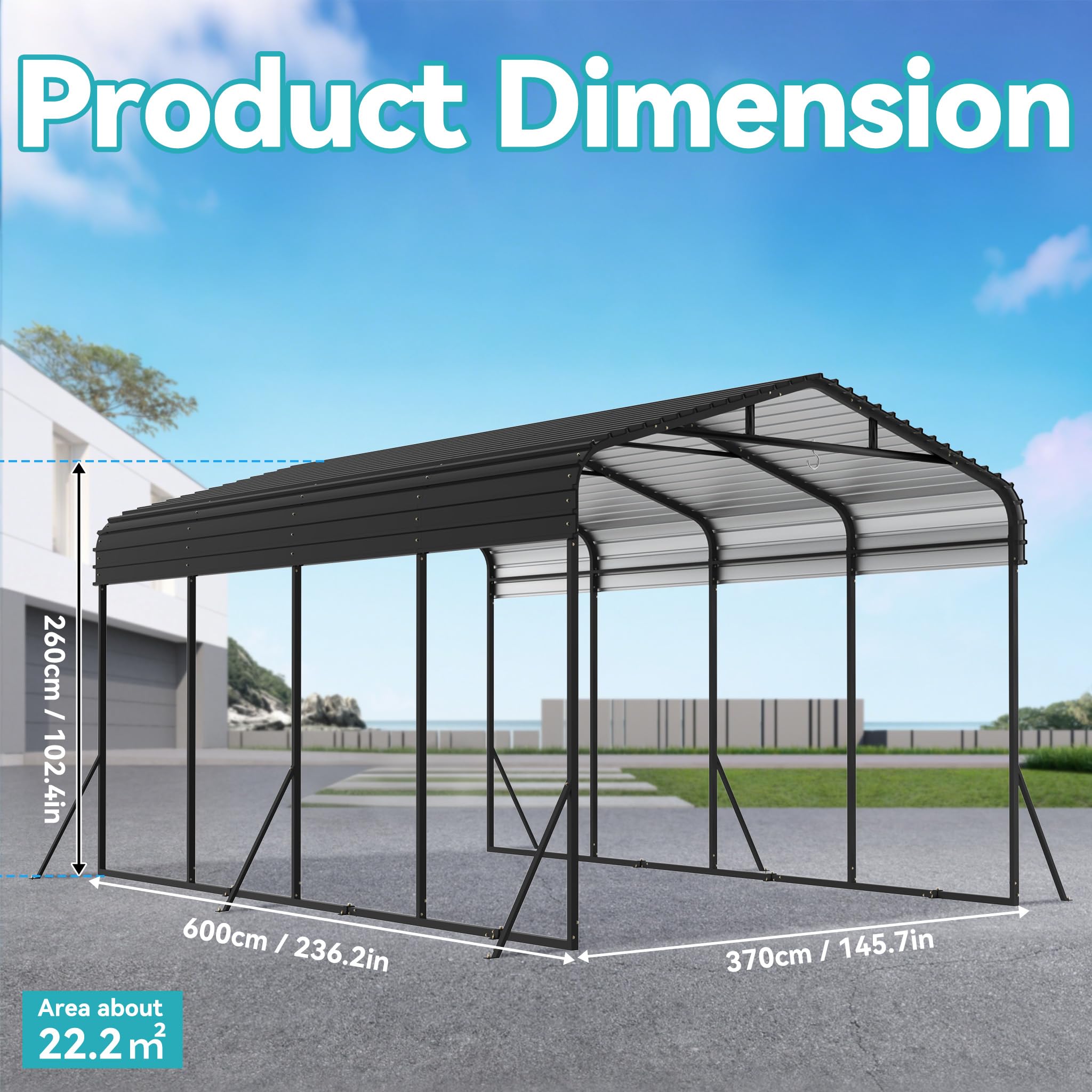 SUBTLETY Carport Aluminium 370x600 cm Fahrradgarage mit Farbige Stahlbleche Spitzdach Freistehender Shelter Winterfest UV-beständig Garagenzelt für PKW SUV Garten Outdoor