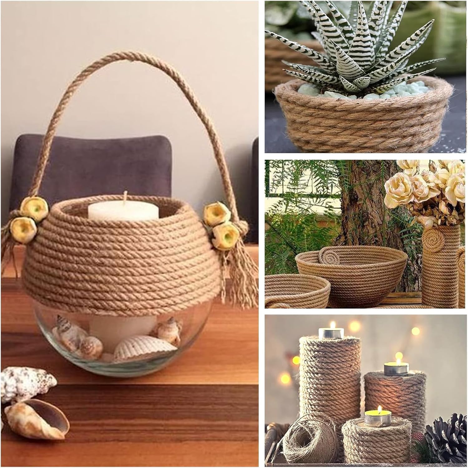Cuerda de Yute y Cáñamo Natural, 14mm x 15m, Gruesa para Rascador de Gatos, Artesanía, Embalaje y Decoración